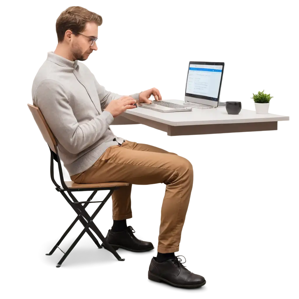 create a realistic image of Man Typing on Keyboard sitting on desk looking to computer