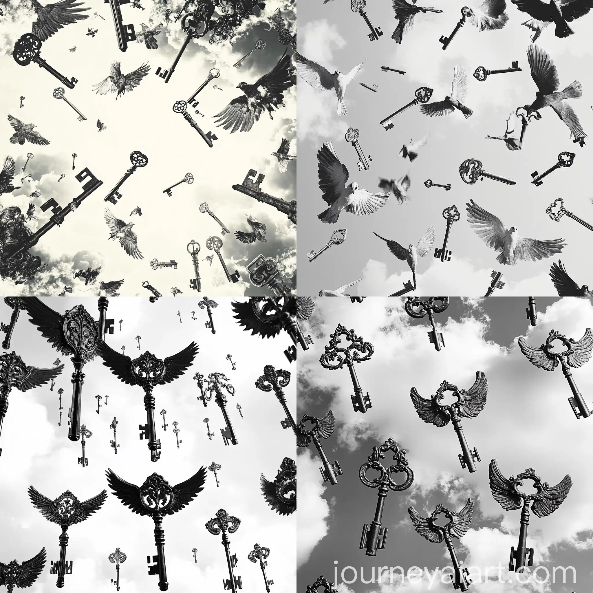 Flock-of-Keys-with-Wings-Flying-in-Black-and-White-Sky