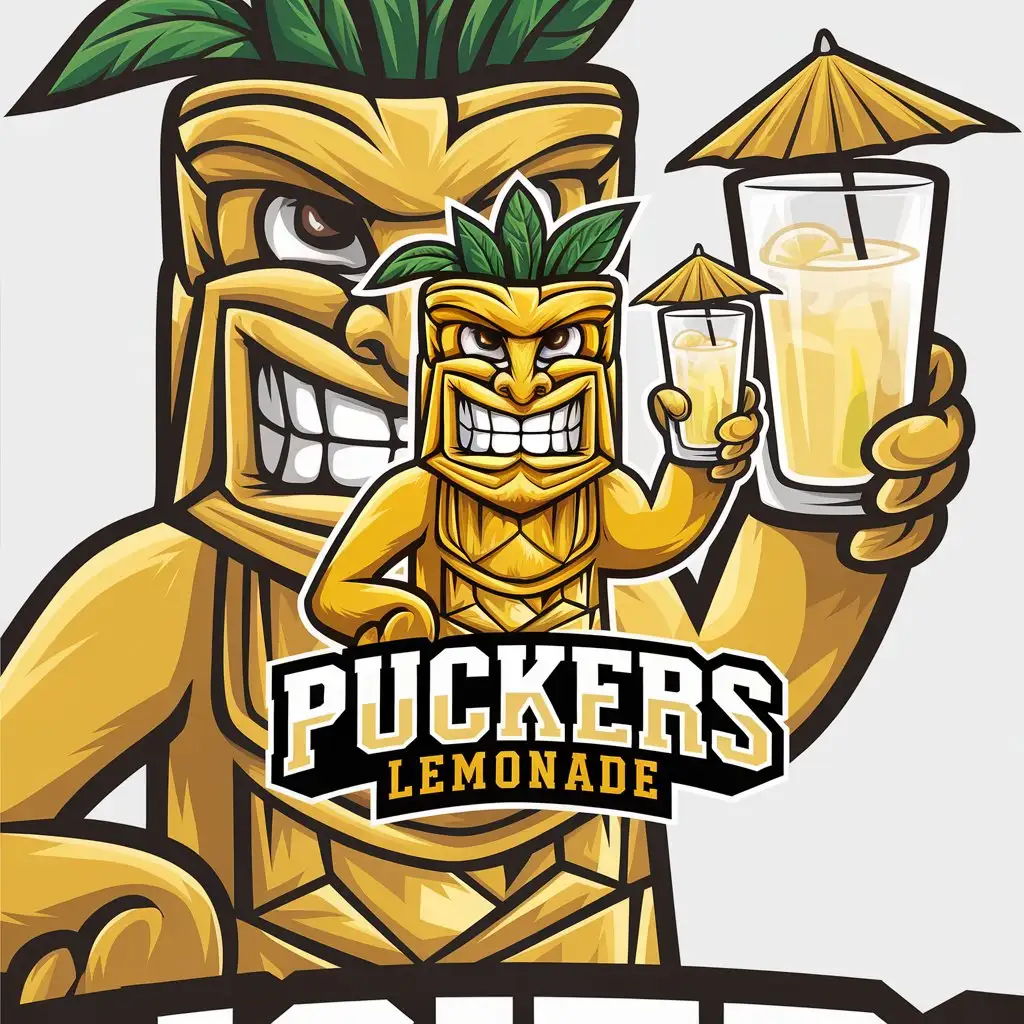 LOGO Design for Puckers Lemonade Lemon Tiki Mascot with Aqua Red Yellow Brown