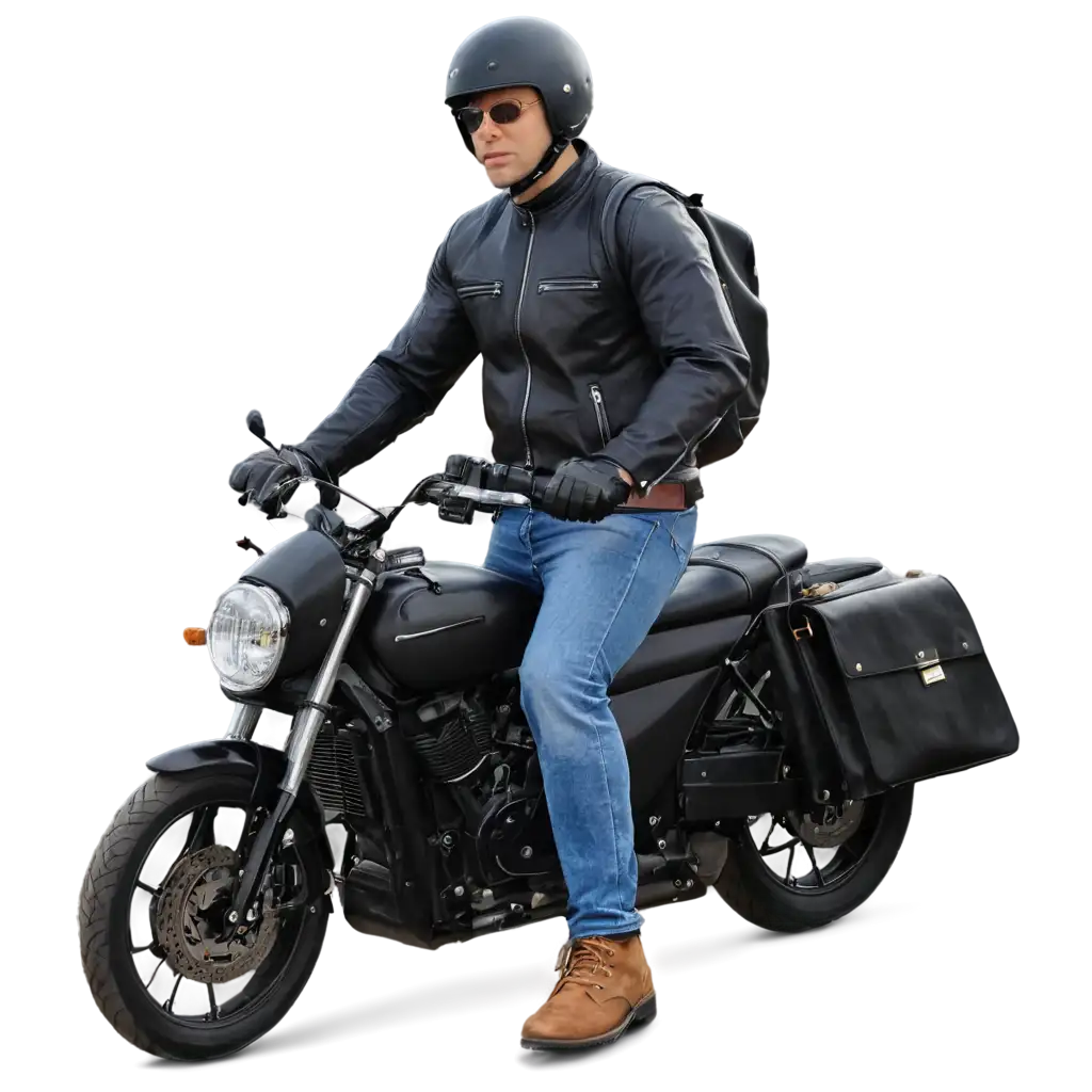 PNG-Image-of-a-Bald-Man-Riding-a-Black-Motorcycle-with-Briefcase-and-Backpack-HighQuality-Clarity-for-Versatile-Use