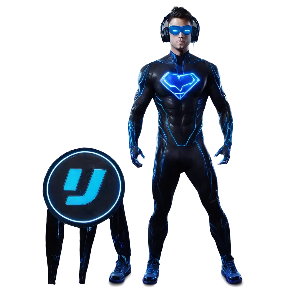 Dj, with a dark superhero suit, that the suit has a disc on the chest, that the suit has blue neon lights shaped like veins, and uses blue dj headphones