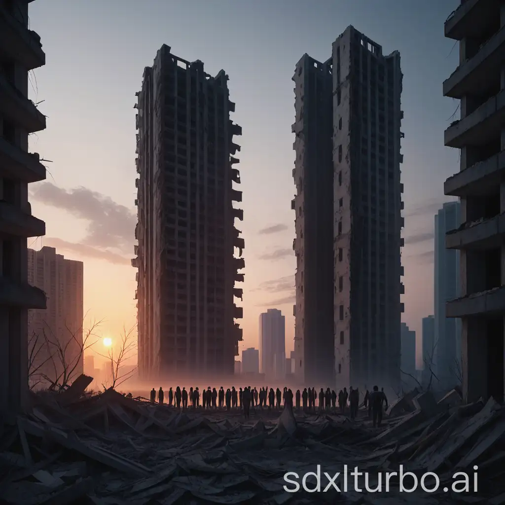 At dawn, around are the ruins of high-rise buildings, and the survivors welcome the light.