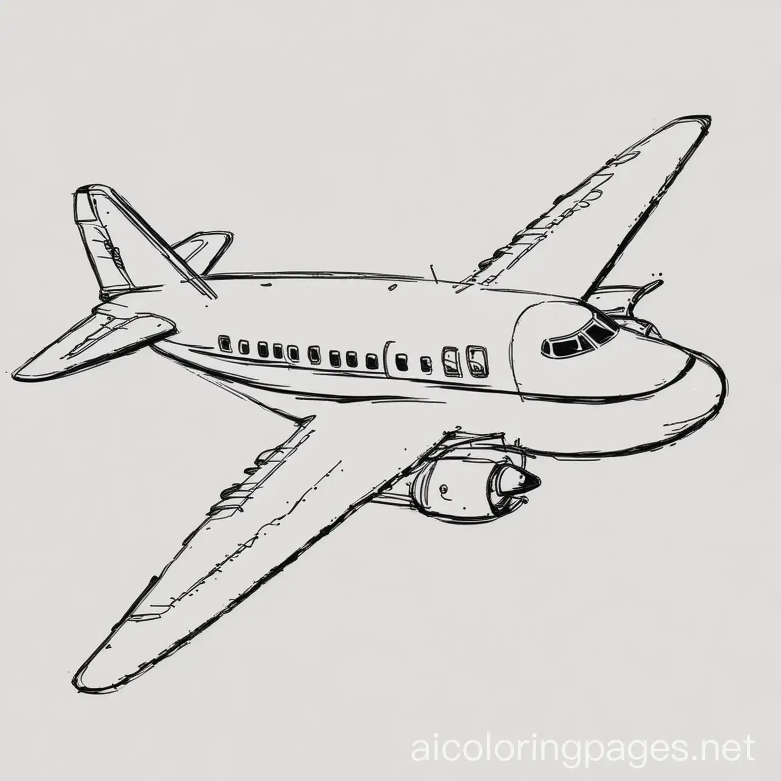 aeroplane , Coloring Page, black and white, line art, white background, Simplicity, Ample White Space. The background of the coloring page is plain white to make it easy for young children to color within the lines. The outlines of all the subjects are easy to distinguish, making it simple for kids to color without too much difficulty