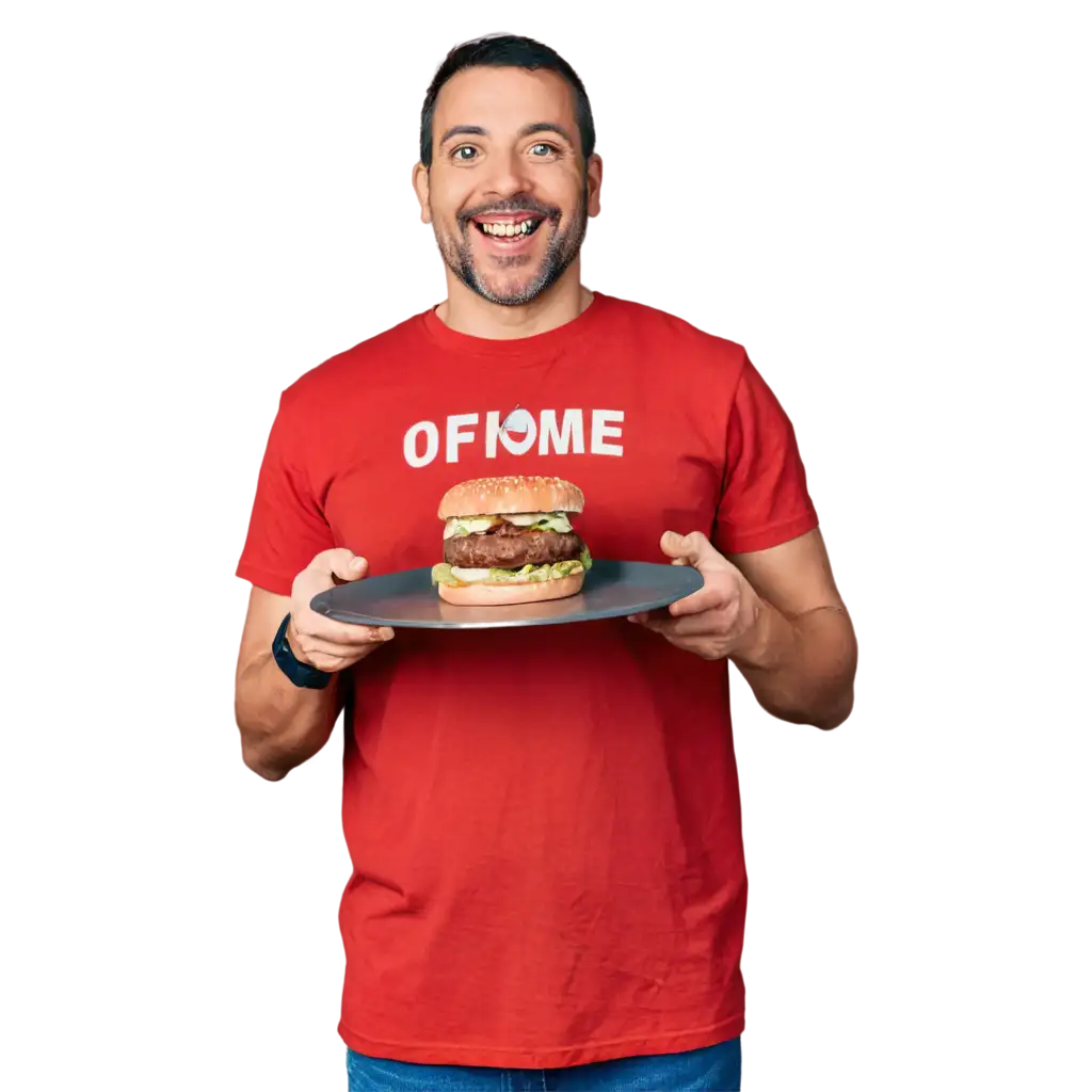 HighQuality-PNG-Image-of-a-Happy-Man-Holding-a-Burger-with-OFOME-Red-TShirt