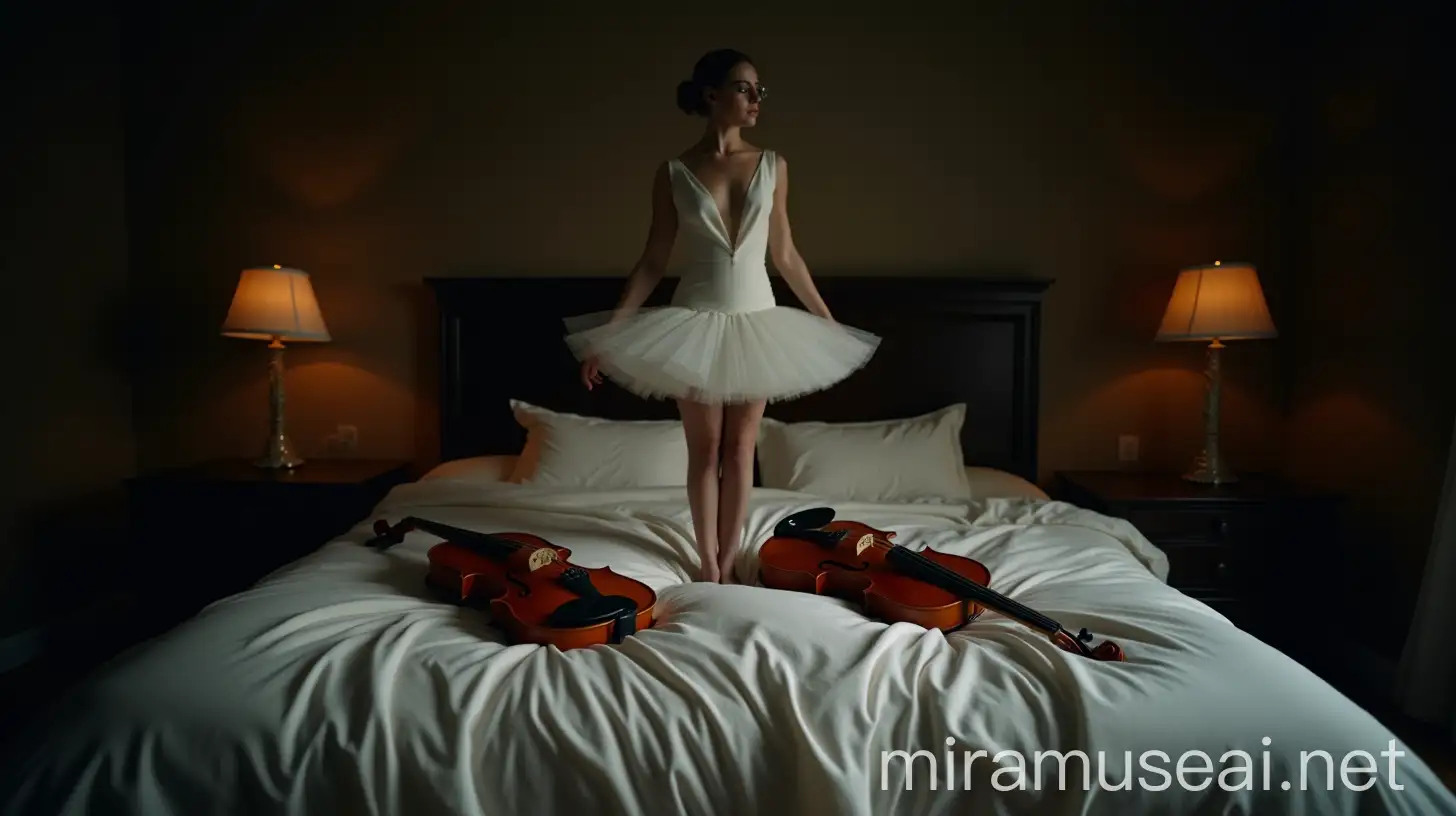 Prima Ballerina Dancing Among Violins on Candlelit Bed