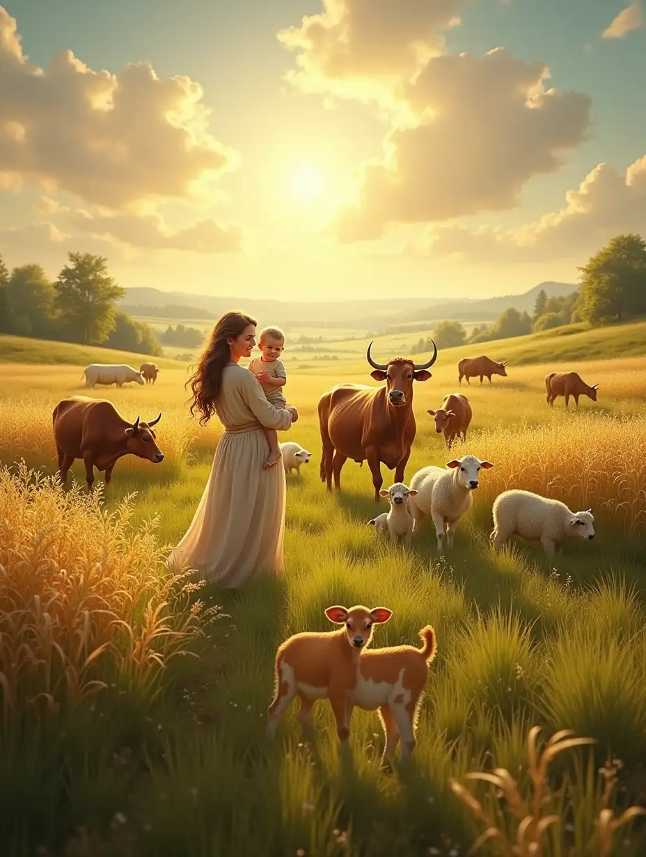 A serene rural landscape filled with symbols of abundance and prosperity. In the foreground, depict a joyful family with a radiant mother holding her young child, symbolizing the blessing of a fruitful womb. Surround them are fields of healthy, vibrant crops, with golden grains swaying gently in the breeze. Nearby, a herd of well-fed cattle grazes peacefully, while young calves frolic alongside attentive cows. In another corner, fluffy sheep with playful lambs dot the lush green pastures. A soft, golden light bathes the scene, emanating warmth and divine favor, symbolizing God's blessings over the land, livestock, and family life.