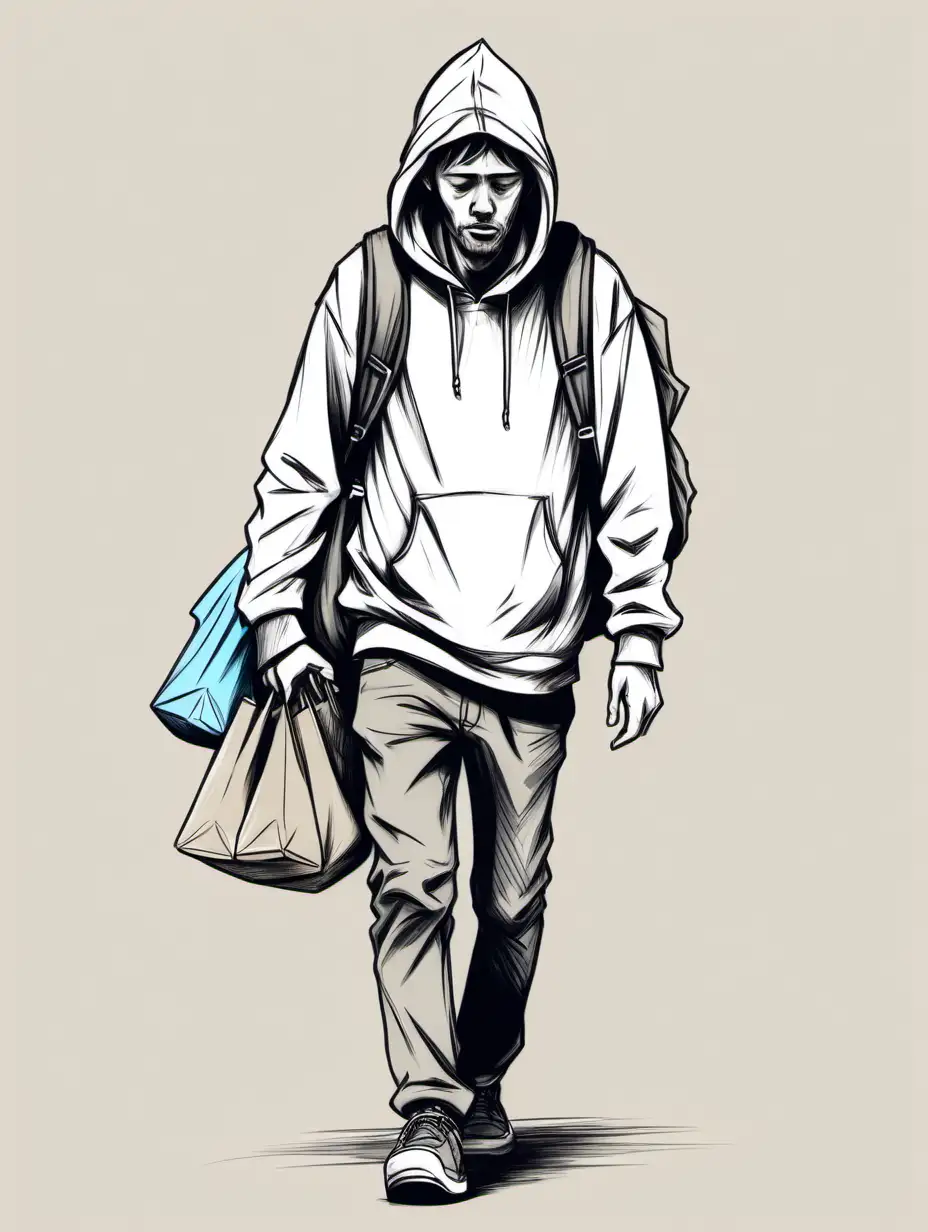 Sad Homeless Young Man Walking with Bags in Hoodie