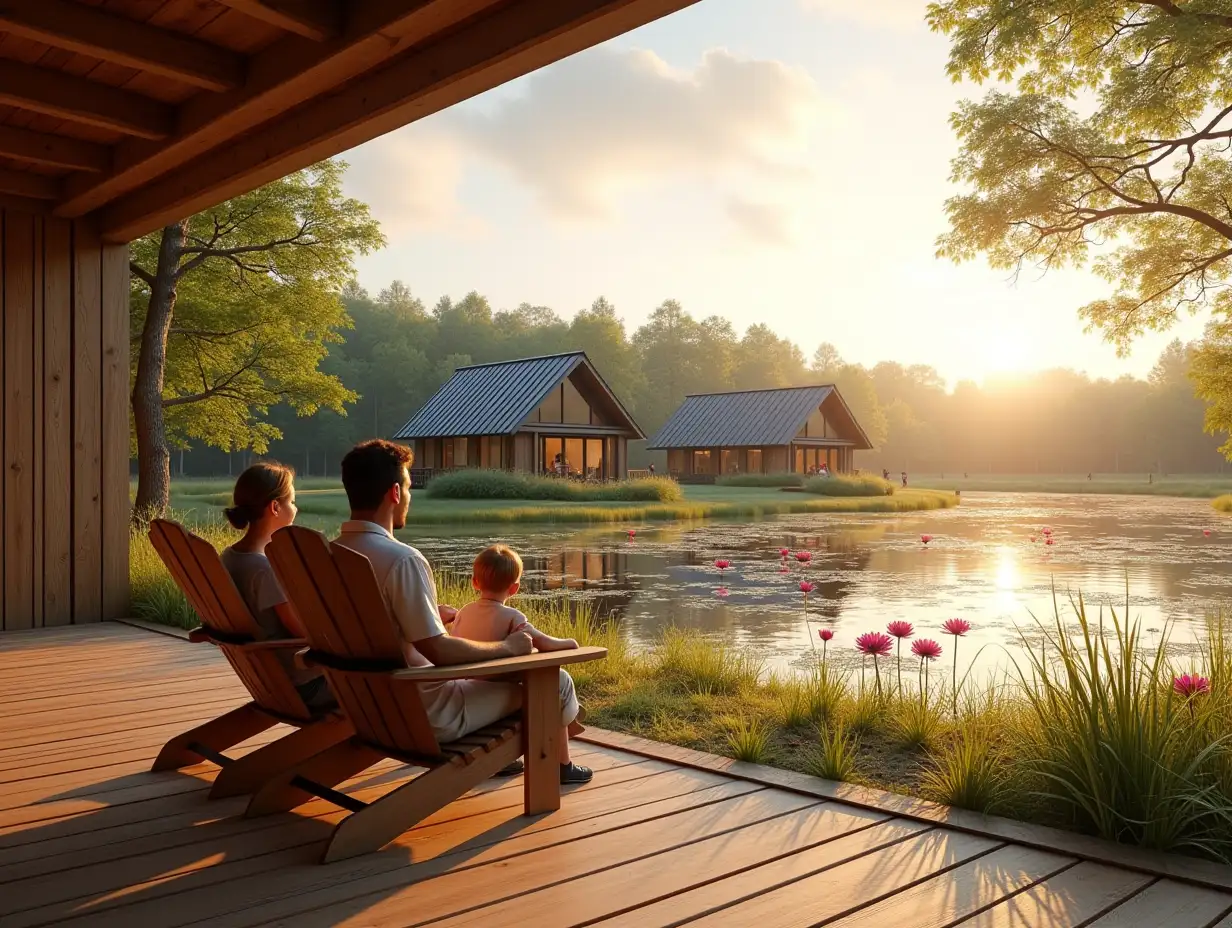 A family is sitting a little distantly in the frame - dad, mom, and child on Adirondack chairs located on a wooden terrace, a view of them as if from a house through a panoramic open window from floor to ceiling and full width, it all happens at some distance from the shore of a huge eco-pond with crystal clear water and large pink water lilies and natural gentle grassy banks with a bioplat of higher lake plants, similar to wild ponds, and other people with children walk along the shores,  between and on the other shore there are only 3 small one-storey houses located at some distance from each other and at a distance from the shore of the pool, these houses have the appearance of a one-storey chalet with a gable roof, built of a wooden beam system consisting only of vertical wooden beams and only in the half-timbered style between glass beams - only with glass walls - With panoramic windows in all walls from floor to roof, that is, each wall is a panoramic window, at sunset and the glare of sunset light, the foreground is in focus and the background is blurred, realistic