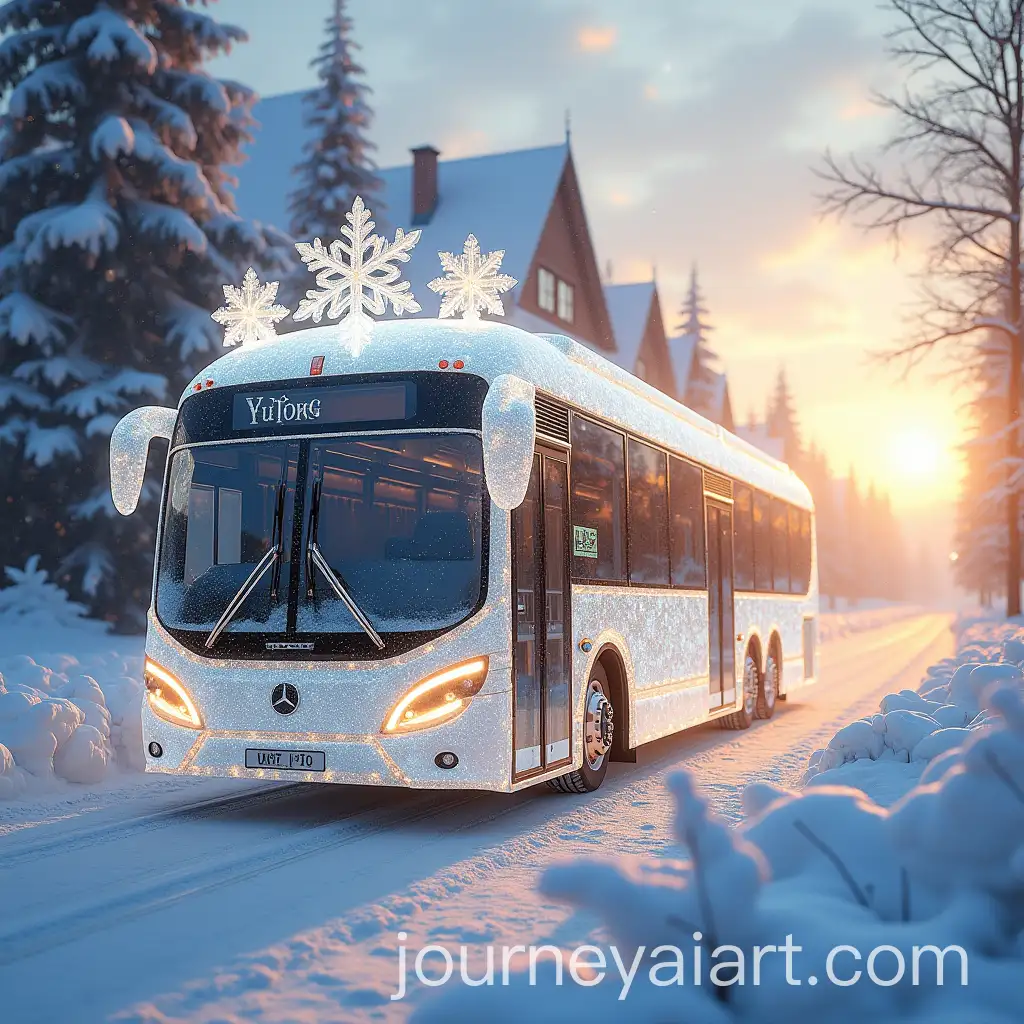 Transparent-Ice-Bus-with-Snowflakes-and-Golden-Dust-in-Fairy-Tale-City-at-Sunset