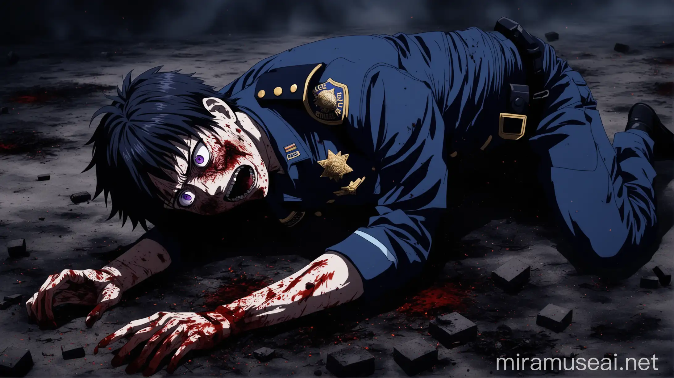 Cinematic Anime Scene of Fear and Despair with Police Character