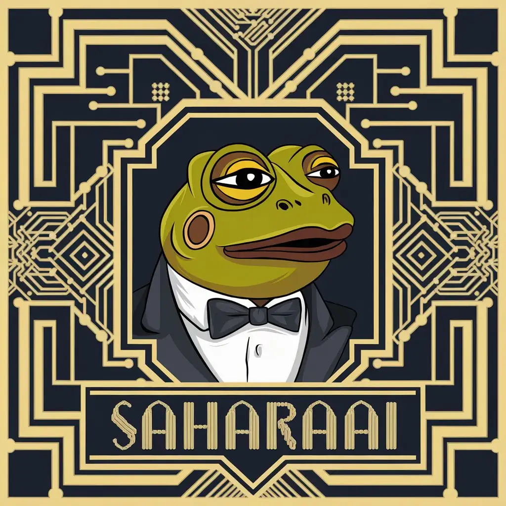 LOGO Design for SaharaAi Yellow Pepe Frog in Gatsby Style with Blockchain Background