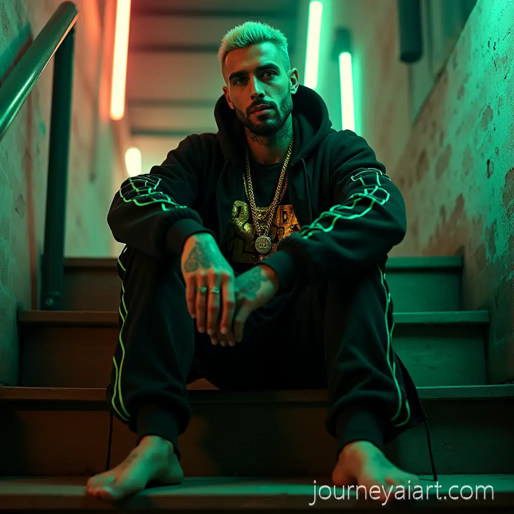 Attractive-30YearOld-Rapper-with-Neon-Urban-Outfit-Sitting-on-Wooden-Steps-in-Industrial-Room