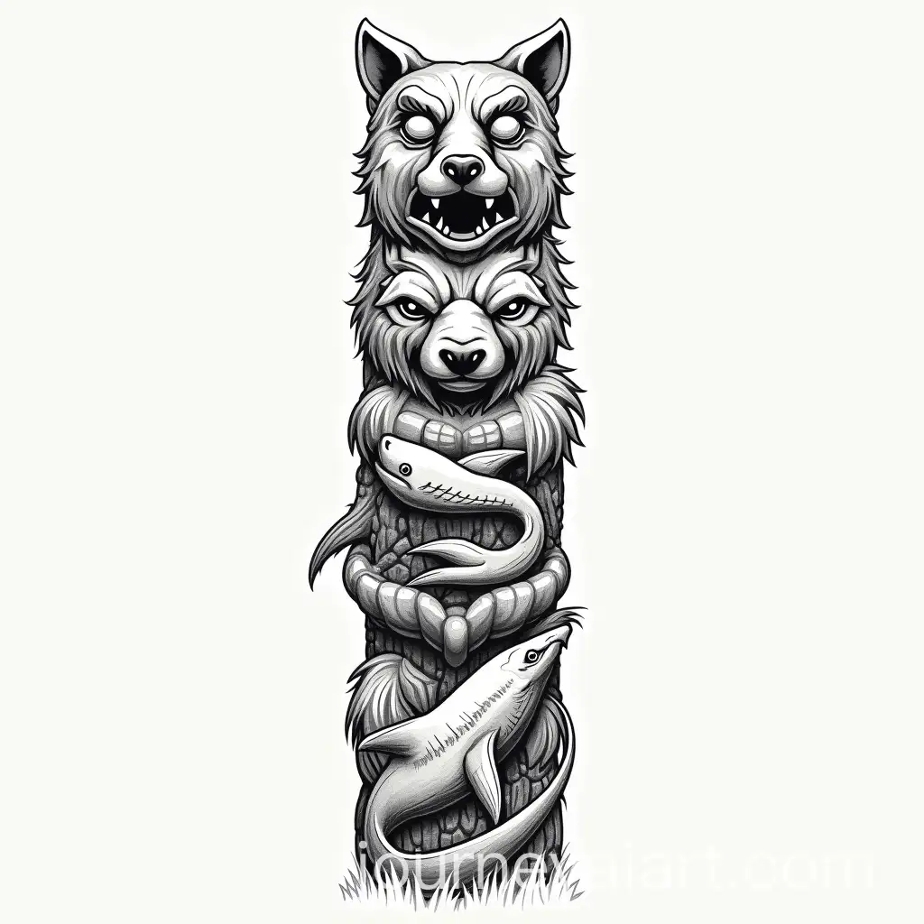 Tribal-Totem-Pole-Sketch-with-Grizzly-Bear-Coyote-and-Great-White-Shark