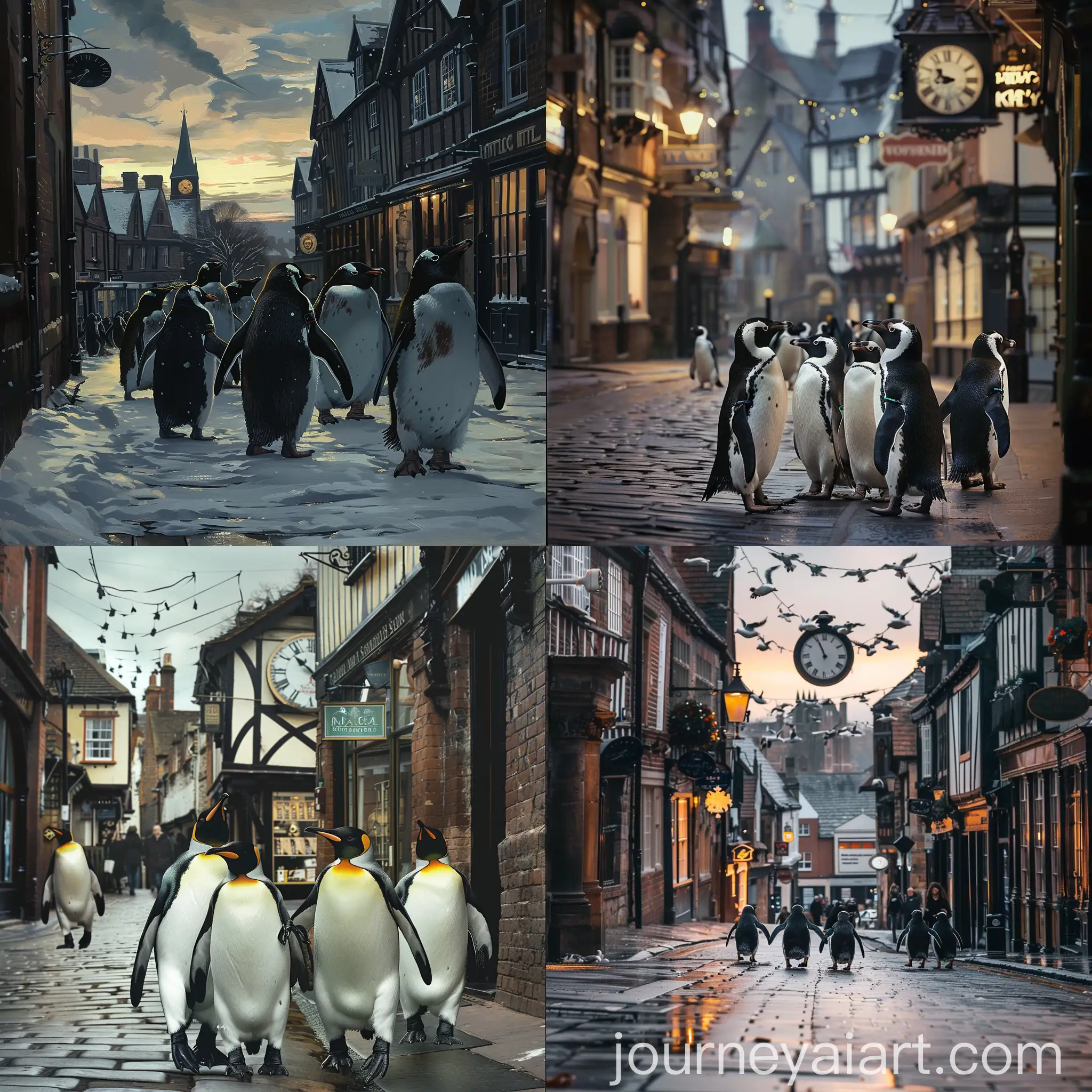 Penguins-Walking-on-Westgate-Street-with-Clock-in-Chester-UK