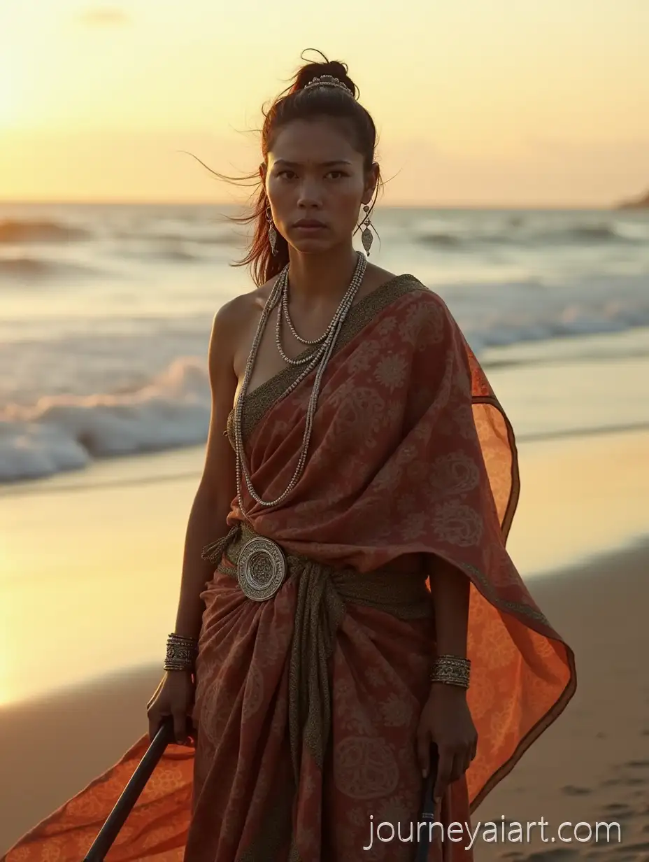 JAI-Image-Prompt-Expansionavanese-Royal-Woman-in-Traditional-Majapahit-Clothing-at-Sunset-on-Beach