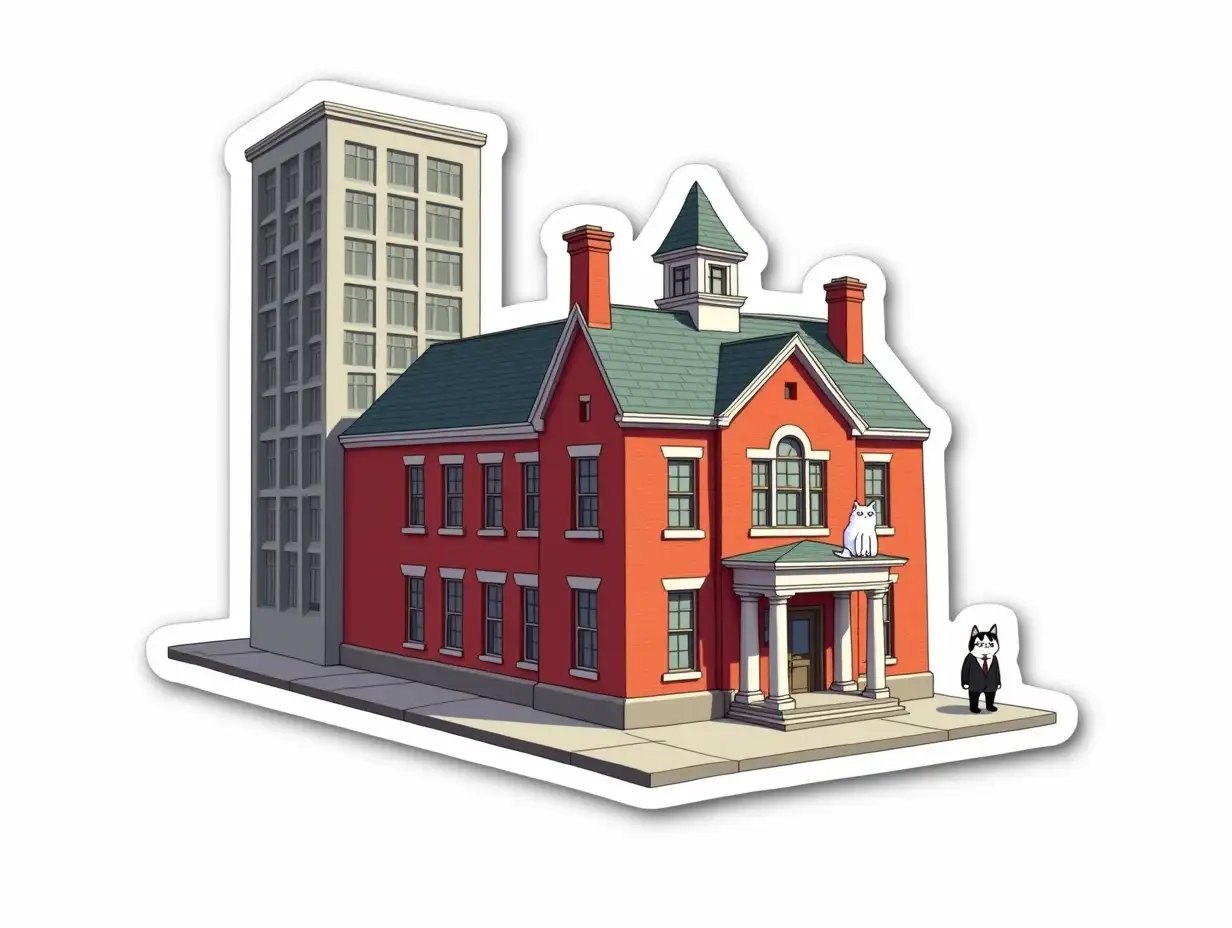 vinyl cut sticker depicting a isometric a very long old red brick 3 story building with columns at the central entrance and a tower in the center of the gable roof. The first floor is completely red-brown in color, the second floor has alternating white columns between the windows. At the back of the long building is an office skyscraper in the color of gray concrete with a matrix of squares of windows. Small white meme cats in office clothes are painted in front of the building. cut sticker design, high resolution, white background, paint in anime style/