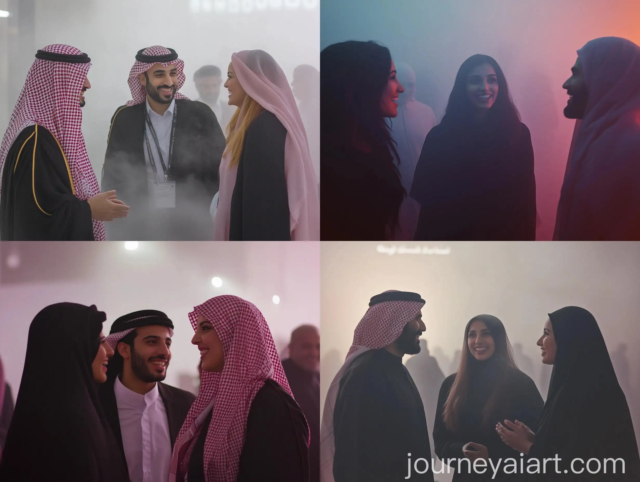 Saudi-Man-and-Women-Conversing-in-Electronic-Exhibition-Setting
