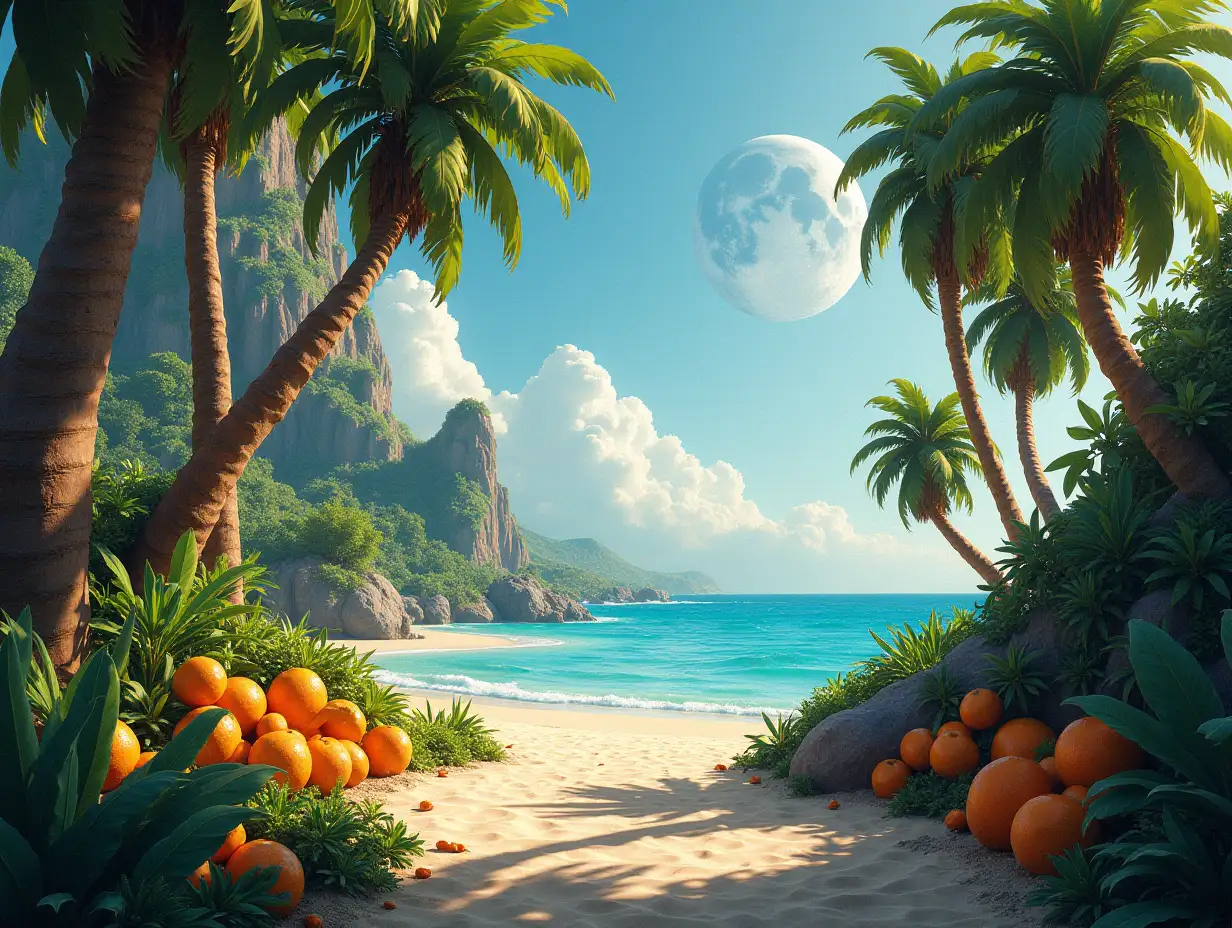 Create for me a photorealistic image of Paradise on another planet with Exotic Fruit Trees