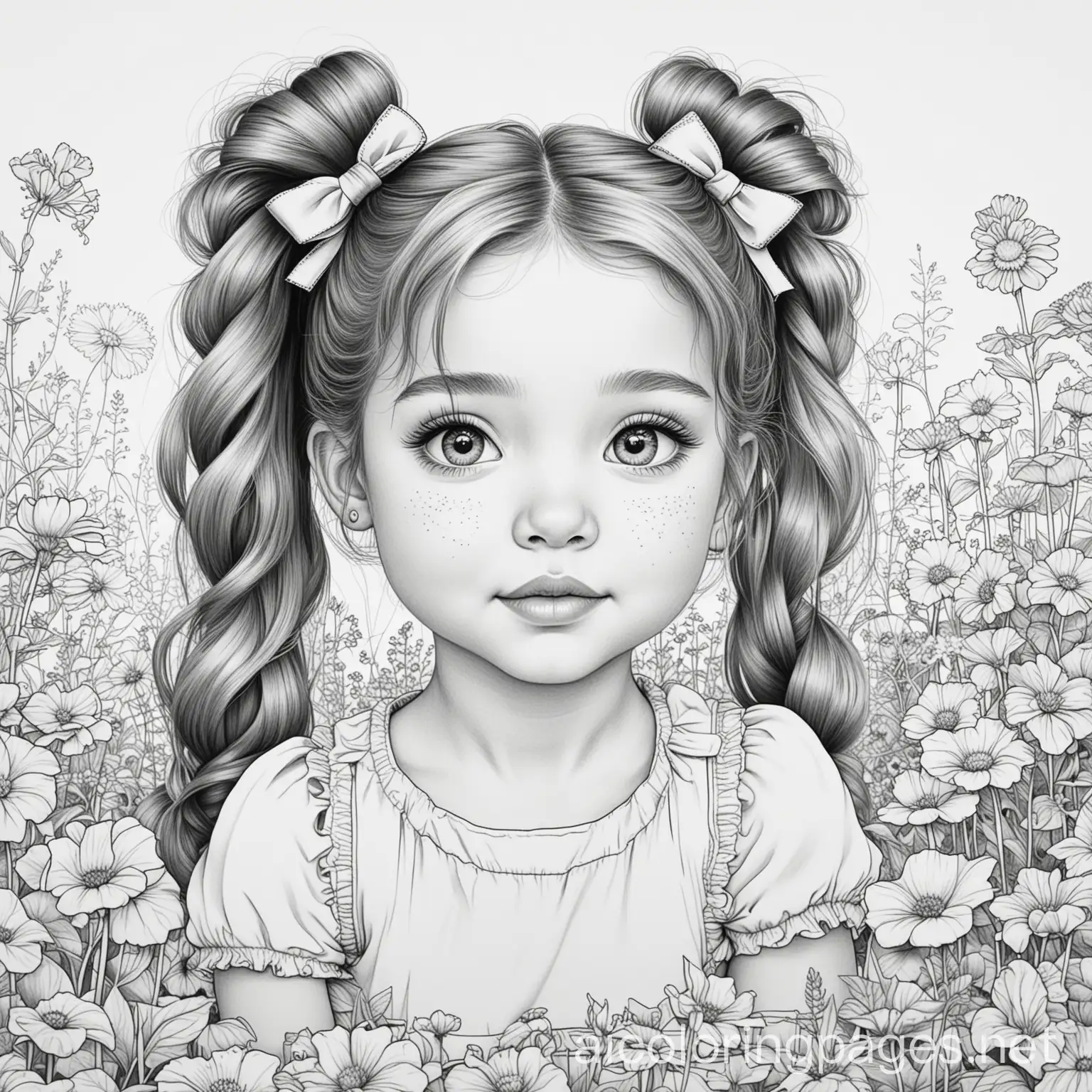 PRETTY LITTLE GIRL WITH WILD HAIR AND PONYTAILS WITH HAIR BOW, SITTING IN FLOWER GARDEN, Coloring Page, black and white, line art, white background, Simplicity, Ample White Space. The background of the coloring page is plain white to make it easy for young children to color within the lines. The outlines of all the subjects are easy to distinguish, making it simple for kids to color without too much difficulty