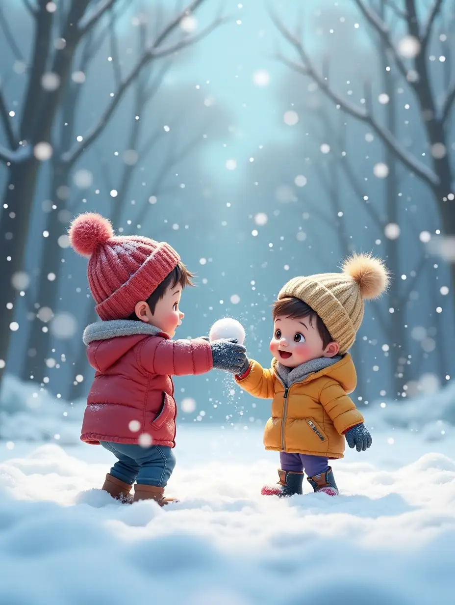 snowflakes falling in a winter snowball fight, Pixar-style small children