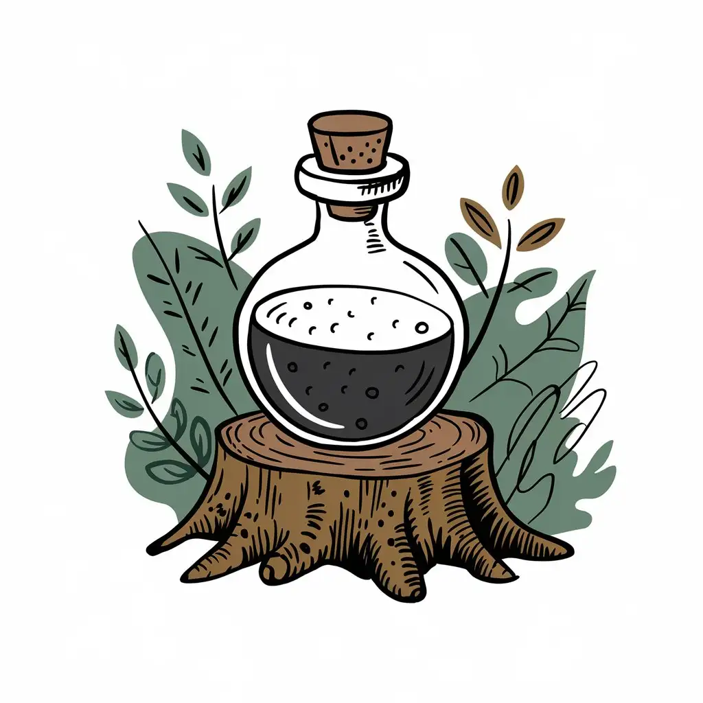 Magic Potion Bottle on Stump with Earthy Background