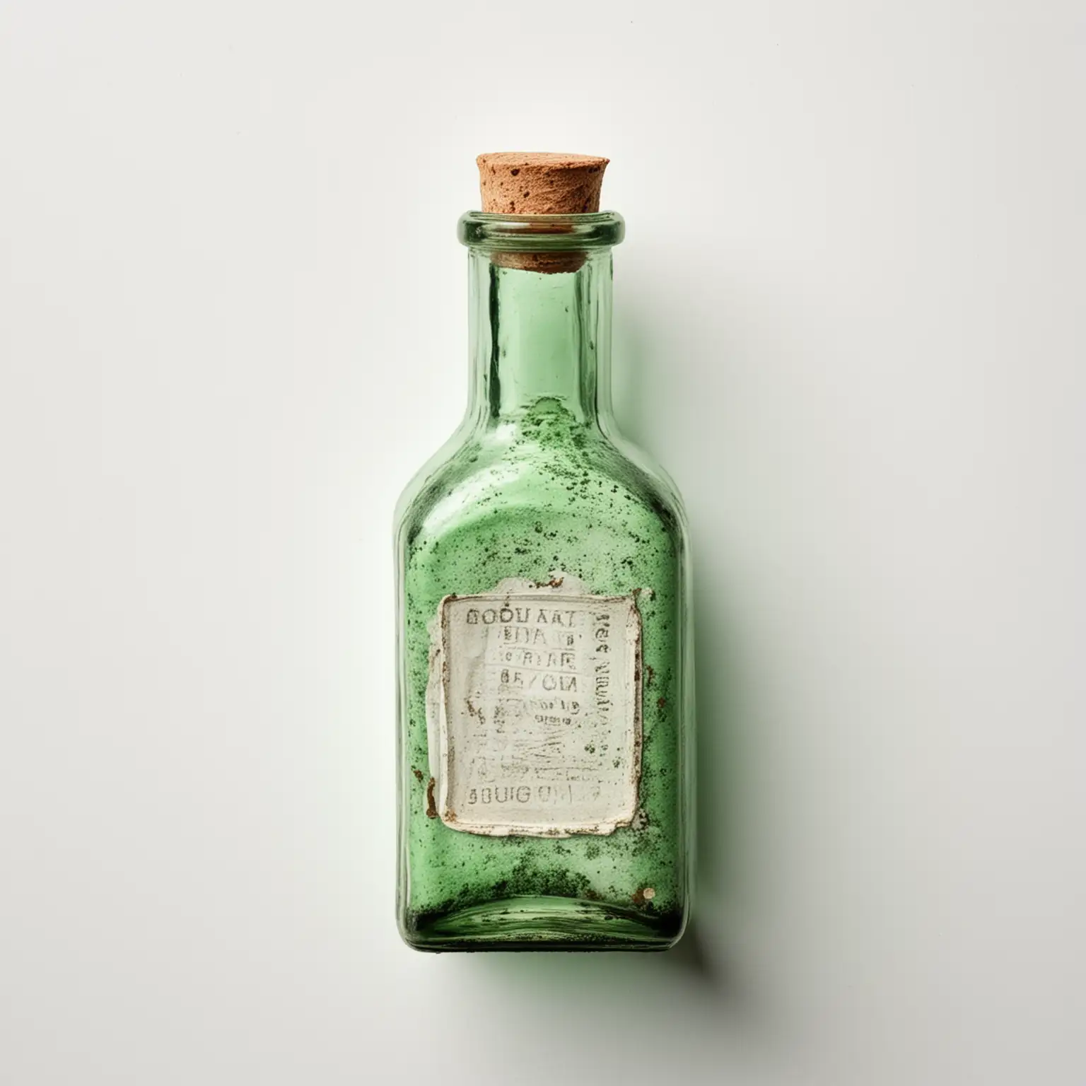 view strictly from above: an old bottle filled with light green pigment. White background.