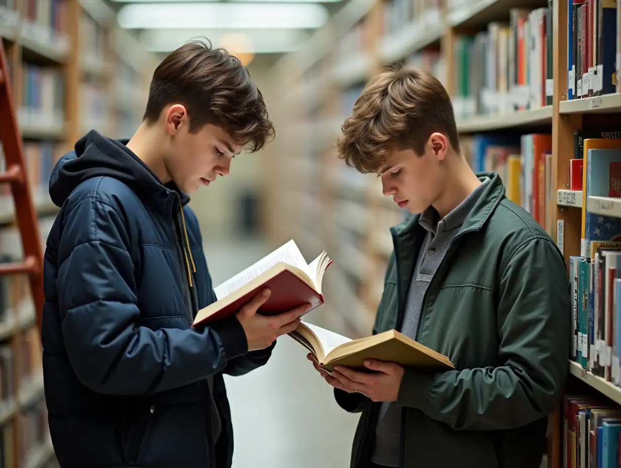 Two young male students delve into books while standing near a library ladder.