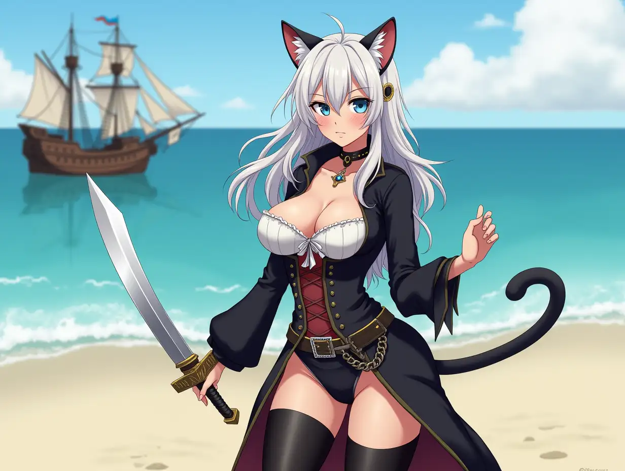 A mature adult feline/woman dressed as a pirate with a sword on a beach.  A pirate ship in the background. Her 30-something years are disguised by her youthful facial features, except for her subtle wrinkles around the eyes, extremely slender body. Her ample bosom strains against her clothing, threatening to burst free from the fabric, extreme cleavage.  Wearing black thigh high pirate boots. She has piercing blue cat eyes. A choker adorns her neck, a subtle hint at her feline nature. Her long, white hair cascades down her back like a wild waterfall, tangled and disheveled. Her cat-like teeth glint in the light, as her white fur-lined ears punctuate her visage with sparkling black and gold earring adorns each ear, adding a touch of elegance to her feline features. Cat whiskers on her face. The attached tail at the base of her spine stirs lazily.  Long fingernails. Full body view. Anime.