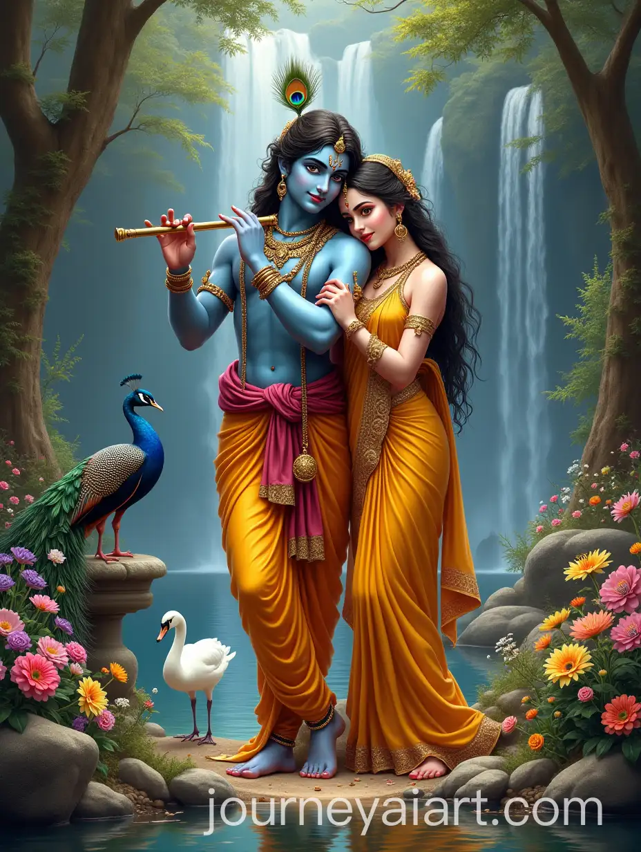 Radha-and-Krishna-in-a-Divine-Garden-with-Flute-and-Peacock-Feathers