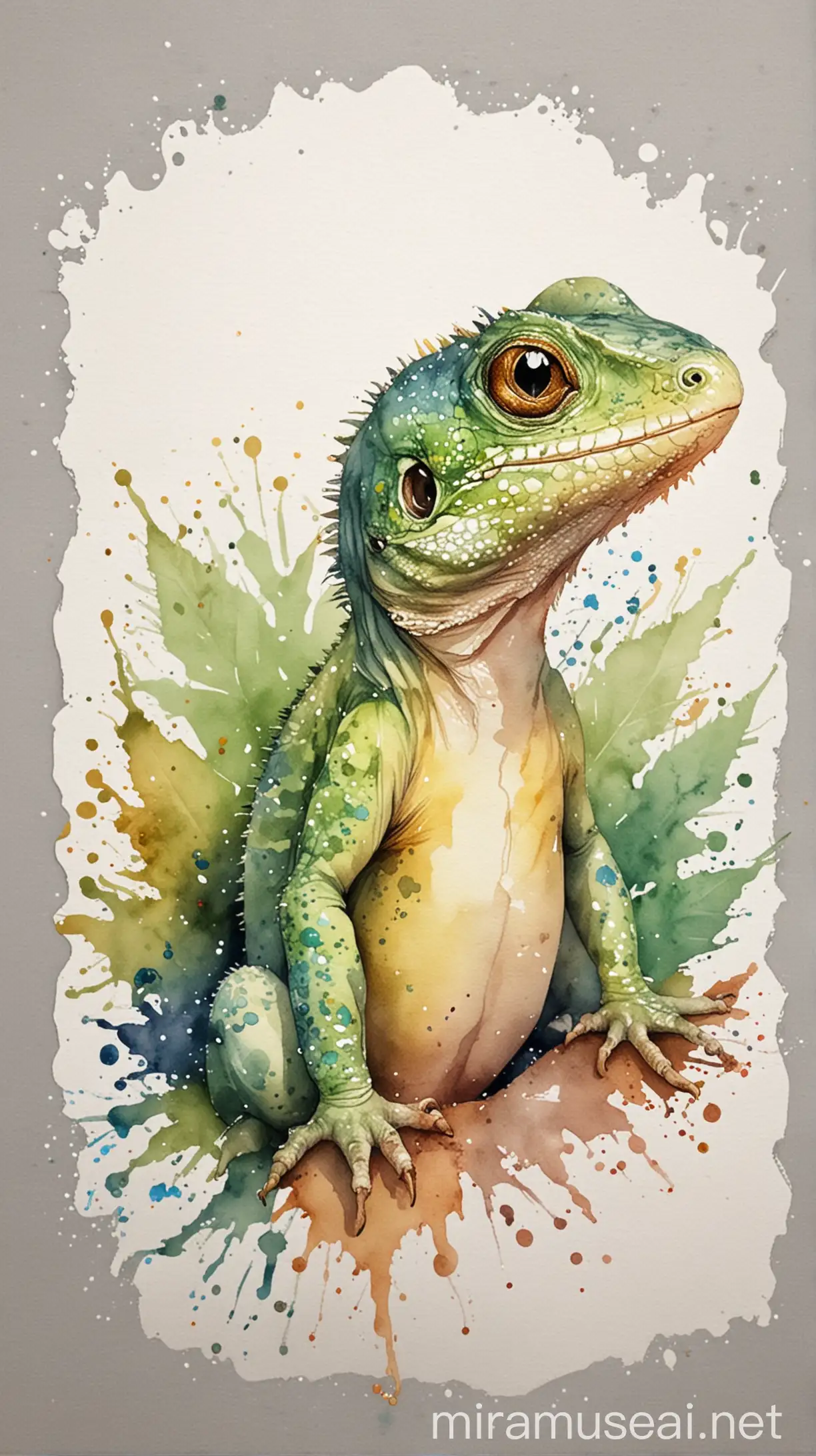 Adorable Baby Lizard Watercolor Painting on Splash Border