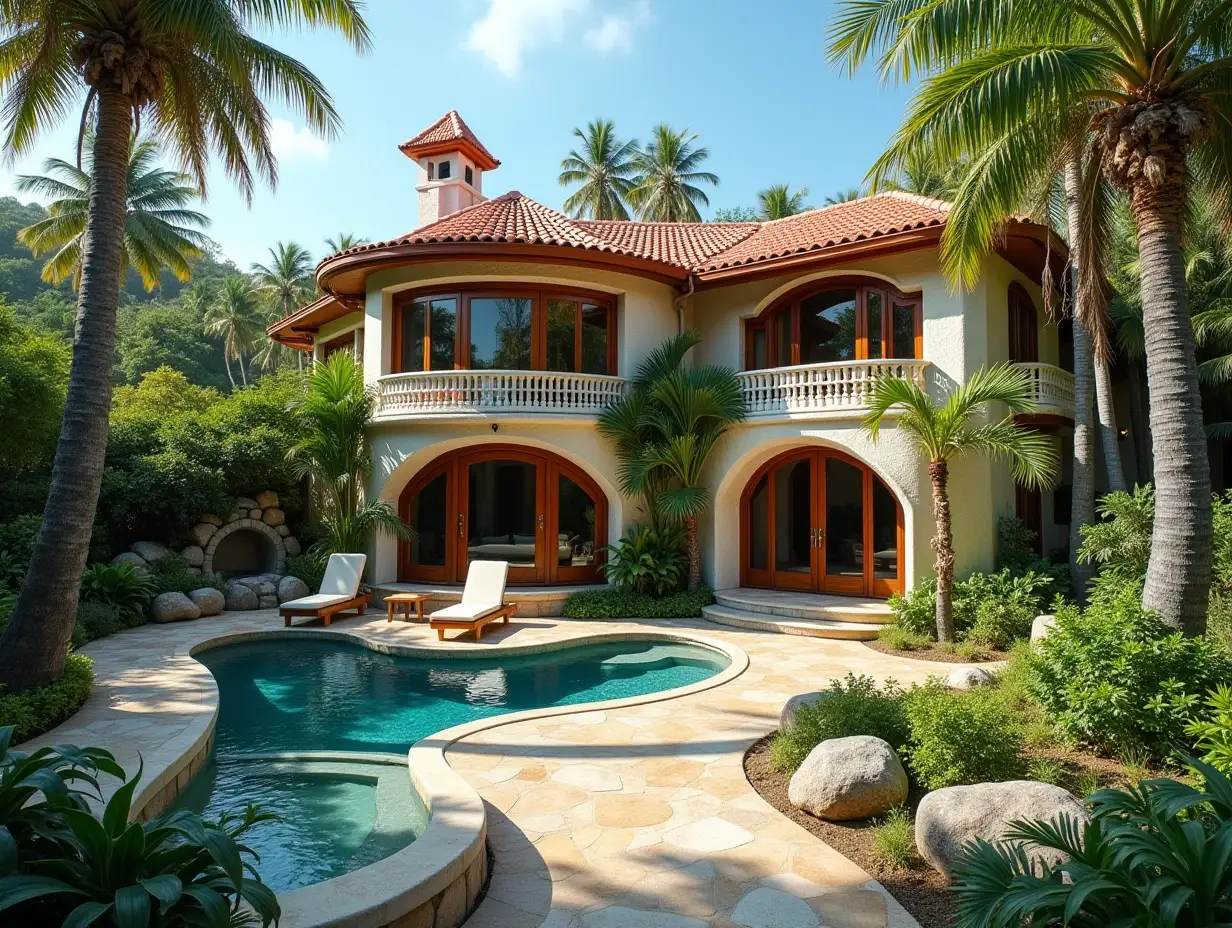 crooked House Garden with beach and waterfall with tiles stucco,large windows with glass,curved, rough window shapes, winding large entrance steps of marble Complex curved roof Laternen,Bank mango tree 4K resolution Colorful superwide-angle shots