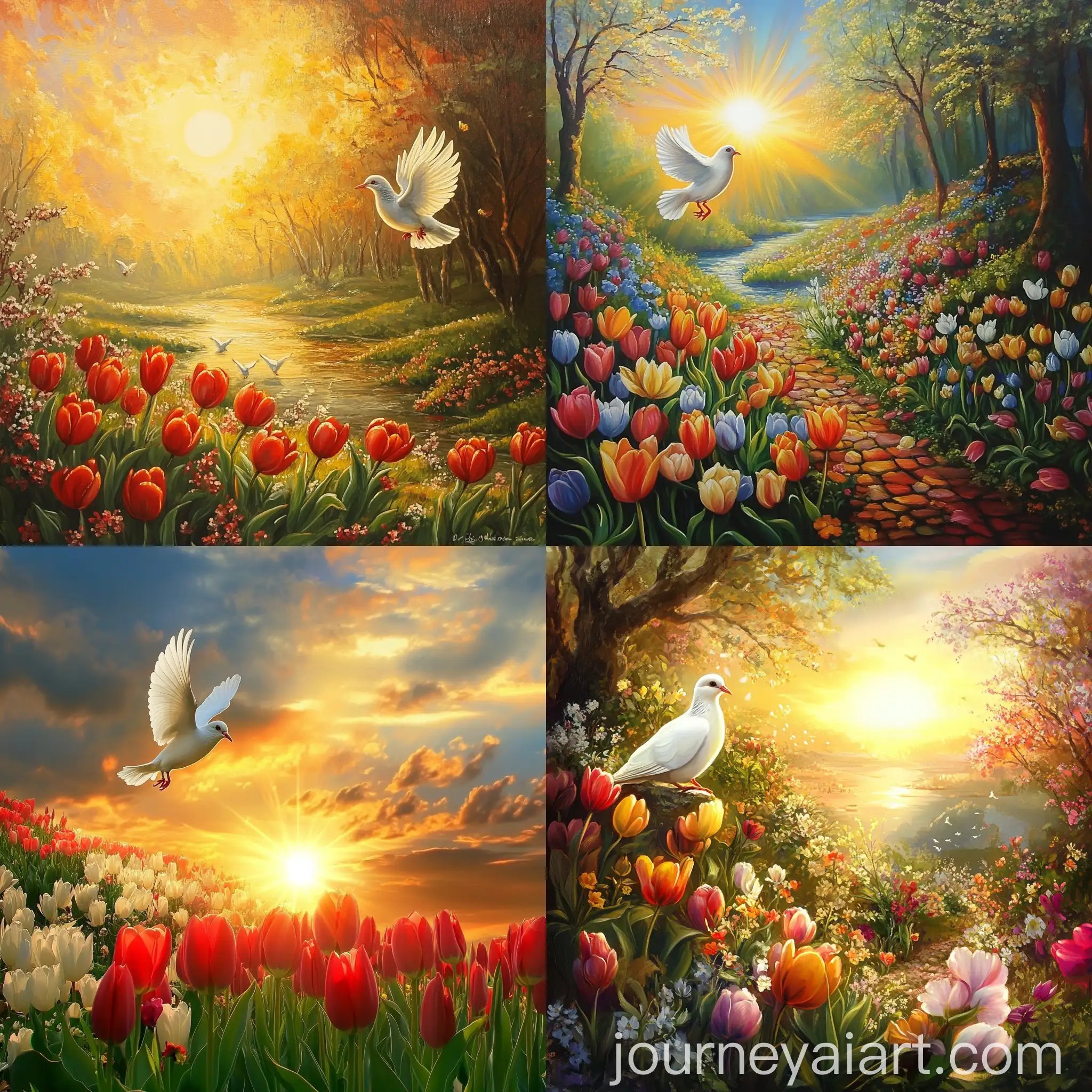 Tranquil-Nature-Landscape-with-Beautiful-Tulips-and-a-Dove