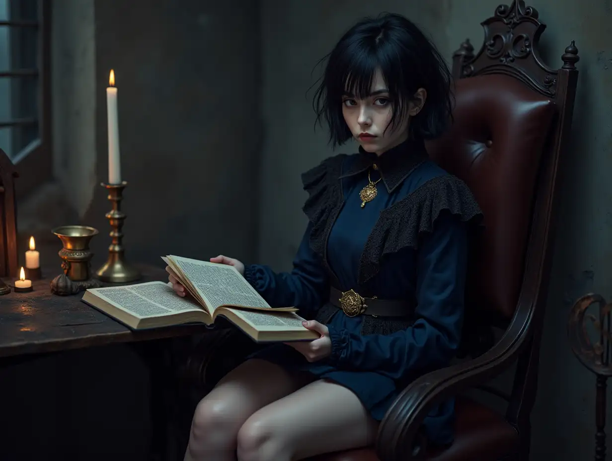 A mysterious but nice-looking girl with short, black, messy hair, in a deep blue and black clothes, short skirt, sitting in a chair and studying dark magic books, in medieval fantasy setting with steampunk accents.