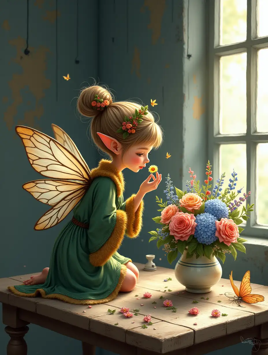 A whimsical fantasy illustration depicts a delicate fairy kneeling on a rustic wooden table with a weathered surface, showcasing subtle peeling paint revealing layers underneath in shades of blue and white. The fairy, positioned in profile facing right, has light brown hair styled up adorned with intricate floral arrangements, berries, small twigs, and leaves. She wears a forest green robe with golden-brown trim and fur-like cuffs, embellished with nature elements like flowers, vines, and leaves. Gossamer wings with burnt orange, amber yellow, and brown hues are attached to her back, featuring intricate vein patterns and translucent quality. Her pointed ears are prominently visible as she gently holds a small yellow flower in her right hand, blowing gently towards it. Her expression is one of wonderment and curiosity. The fairy's left hand rests on the table while her knees are bent. In front of her, on the table, sits a ceramic vase filled with an array of vibrant flowers including roses in soft pink and peach tones, blue hydrangeas, delicate bluebells, cornflowers, and other blossoms. Scattered petals, small plants, and fallen flowers add to the magical atmosphere. Soft natural light streams through large multi-paned windows with black metal frames on the right side of the composition, casting gentle illumination and creating a soft glow around the fairy and flowers. The background features a dimly lit room with dark gray walls, enhancing the ethereal mood. Small butterflies