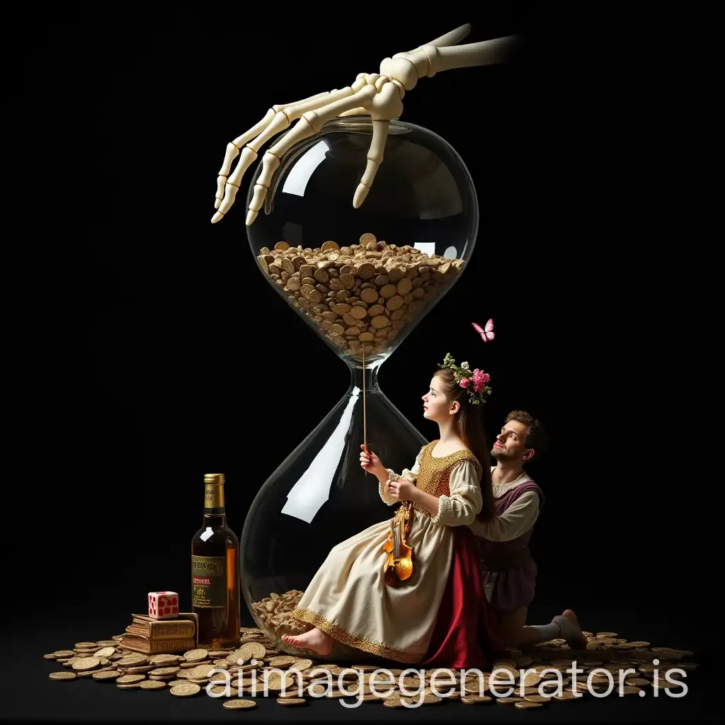 Hourglass-with-Coins-Dice-and-Books-Skeleton-Hand-and-Noble-Girl-in-Medieval-Attire