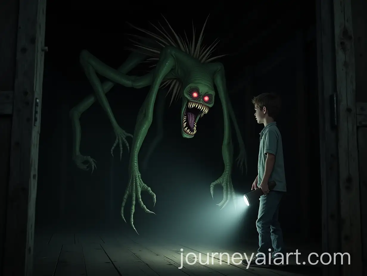 Young-Man-Confronts-Nightmarish-Creature-in-Dark-Barn