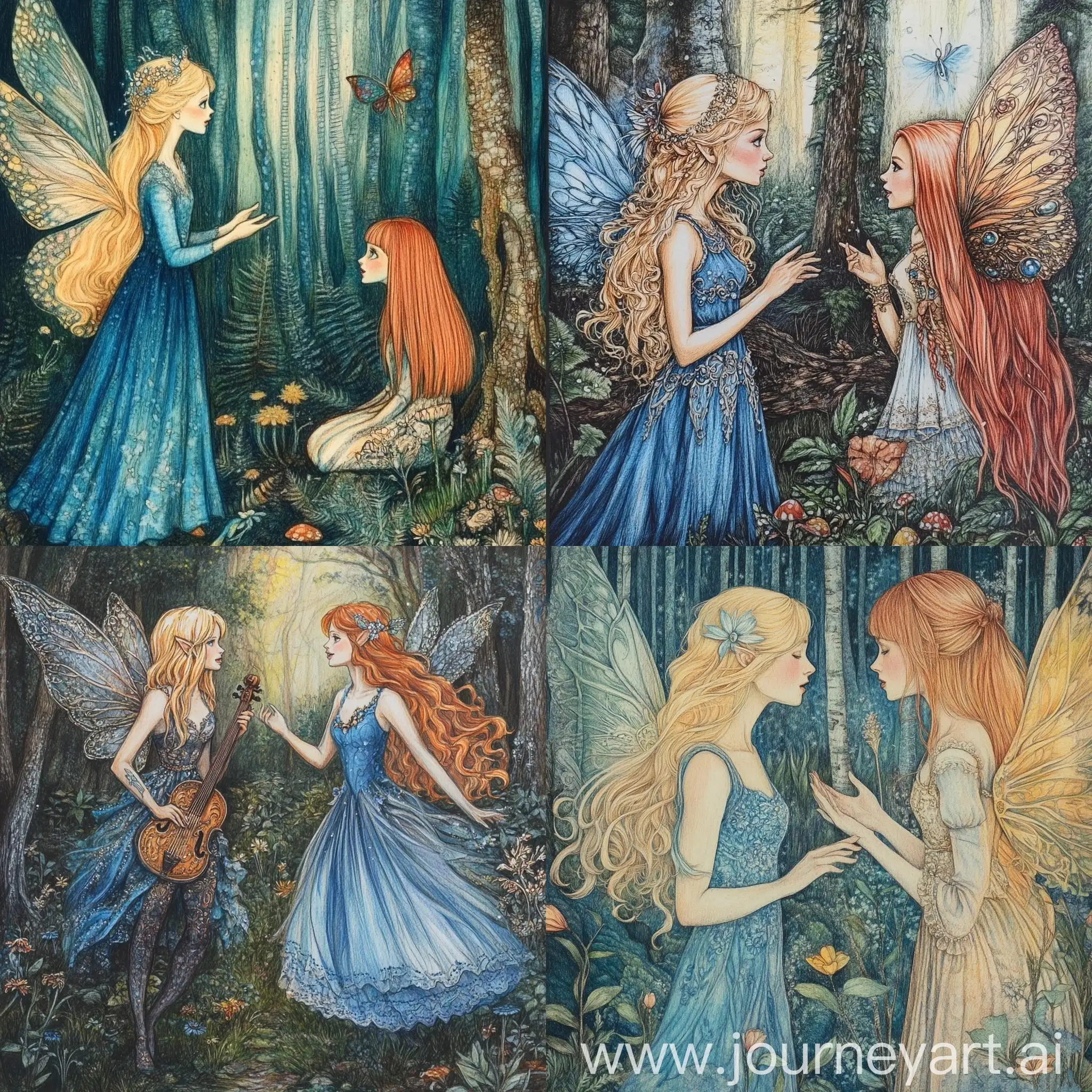 Forest-Fairies-Conversing-Blonde-Fairy-in-Blue-Dress-with-Redhaired-Music-Fairy