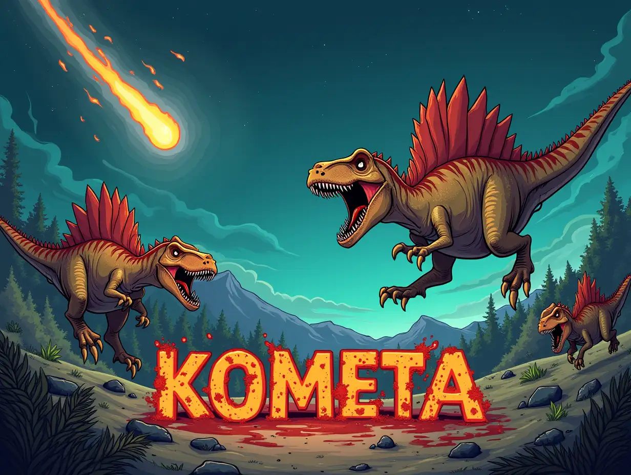 comet falling to earth. Dinosaurs running away in terror below. Bottom text in bloody letters 'KOMETA'. Cartoon style.