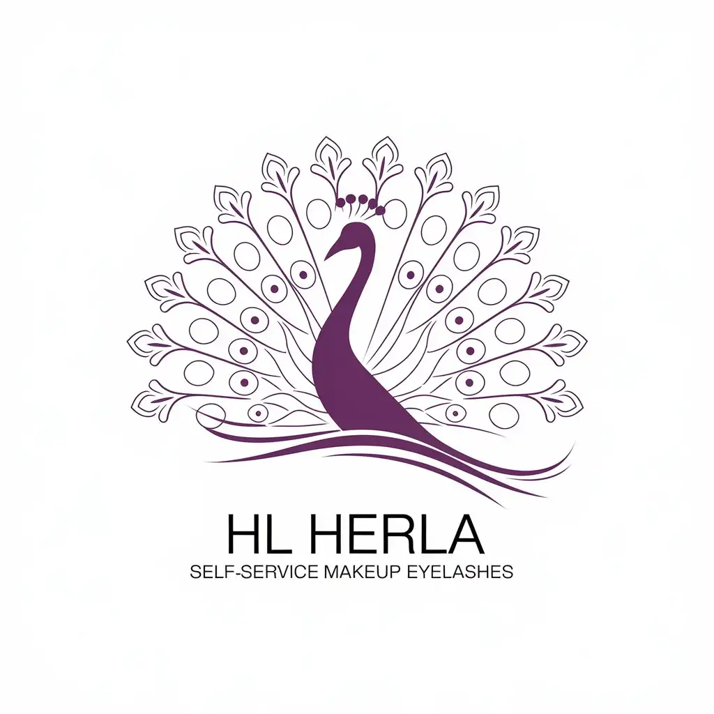 a vector logo design,with the text "HL Herla self-service makeup eyelashes", main symbol:Purple peacock,Moderate,be used in Beauty Spa industry,clear background