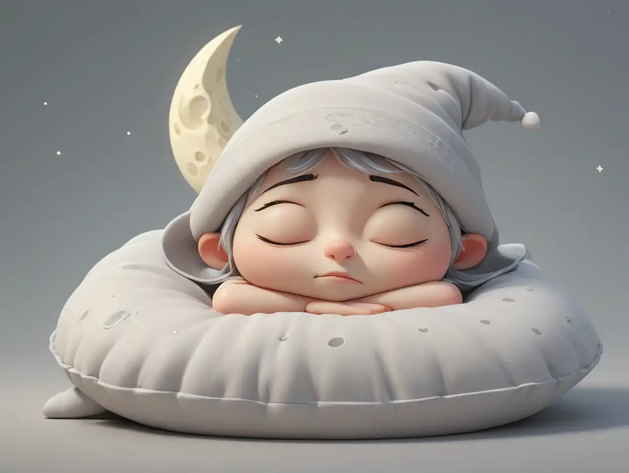 long shot, wild shot,A 3D illustration of a cute, sleepy moon character resting peacefully on a soft pillow. The moon has a smooth, rounded face with closed eyes and a gentle, content expression, wearing a cozy nightcap with a tiny 'Z' floating above its head, symbolizing sleep. The overall color palette is soft white and pale grey with subtle shadows to emphasize a calm nighttime mood. The scene is simple and minimalistic, with no background (transparent or soft fade), emphasizing the adorable moon character. The style is glossy, smooth 3D cartoon, with gentle lighting that makes the character look soft, comforting, and perfect for a bedtime-themed illustration.
