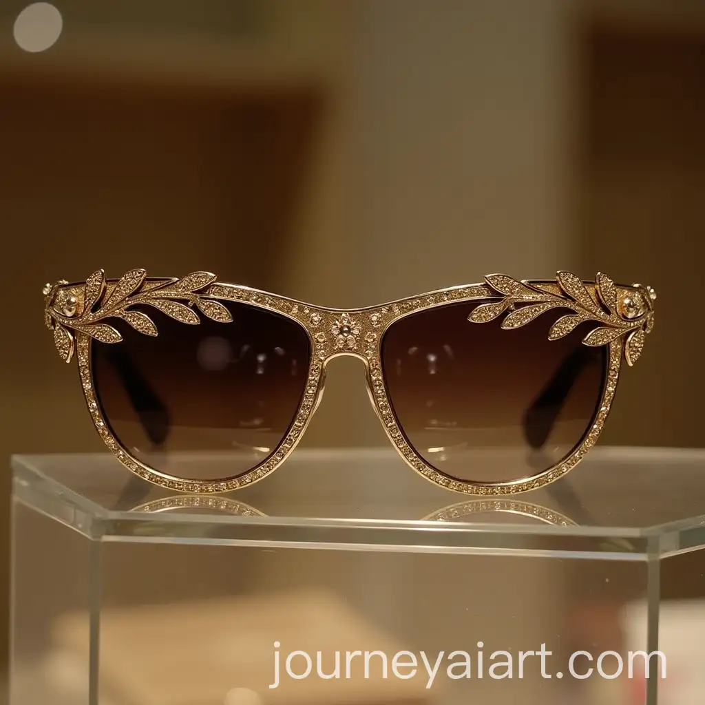 HighEnd-Sunglasses-with-Gold-Branches-and-Ethnic-Engravings-on-Display-Shelf