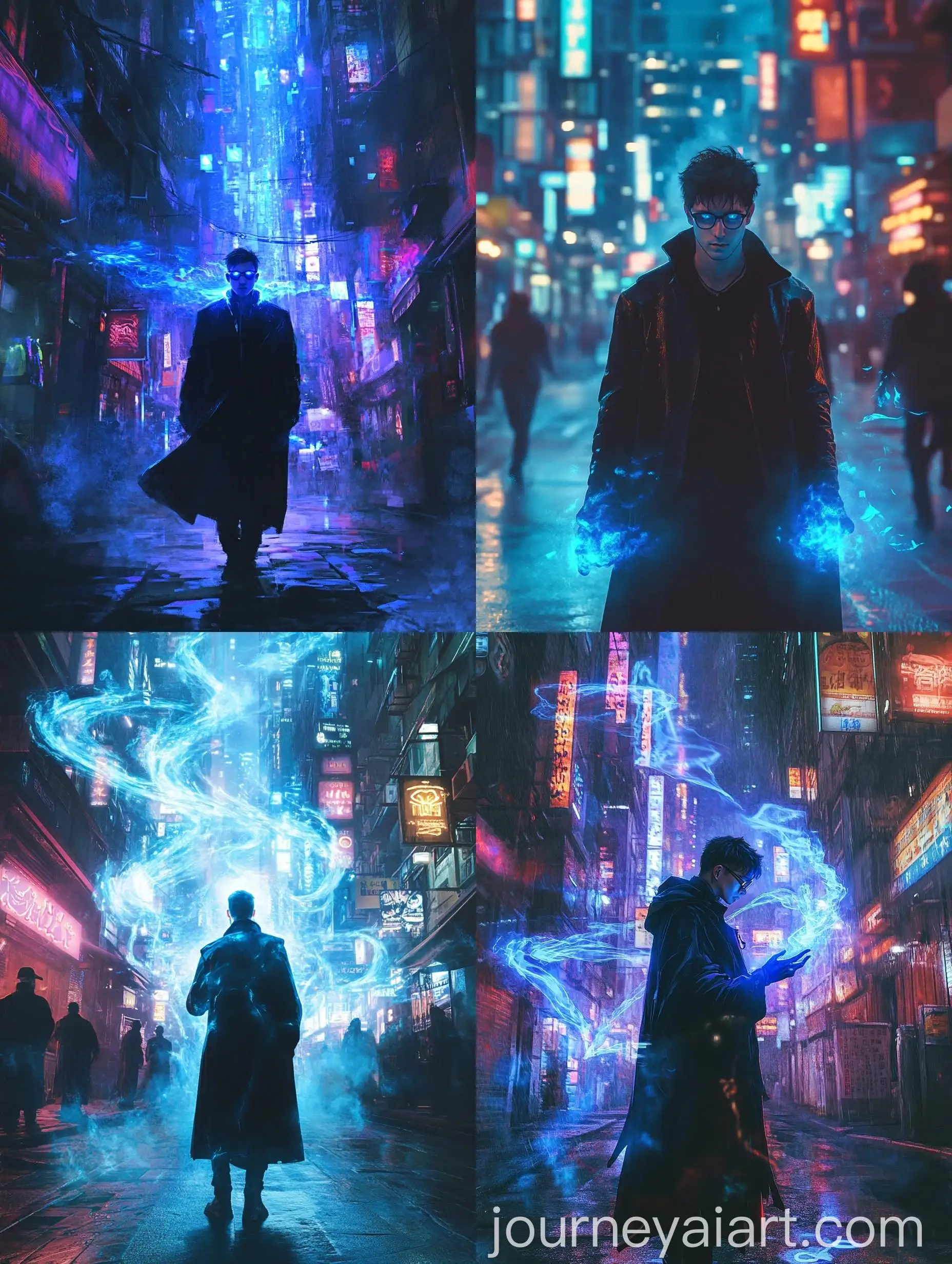 Young-Dark-Sorcerer-Conjuring-Blue-Energy-in-Cyberpunk-City-Night-Illustration