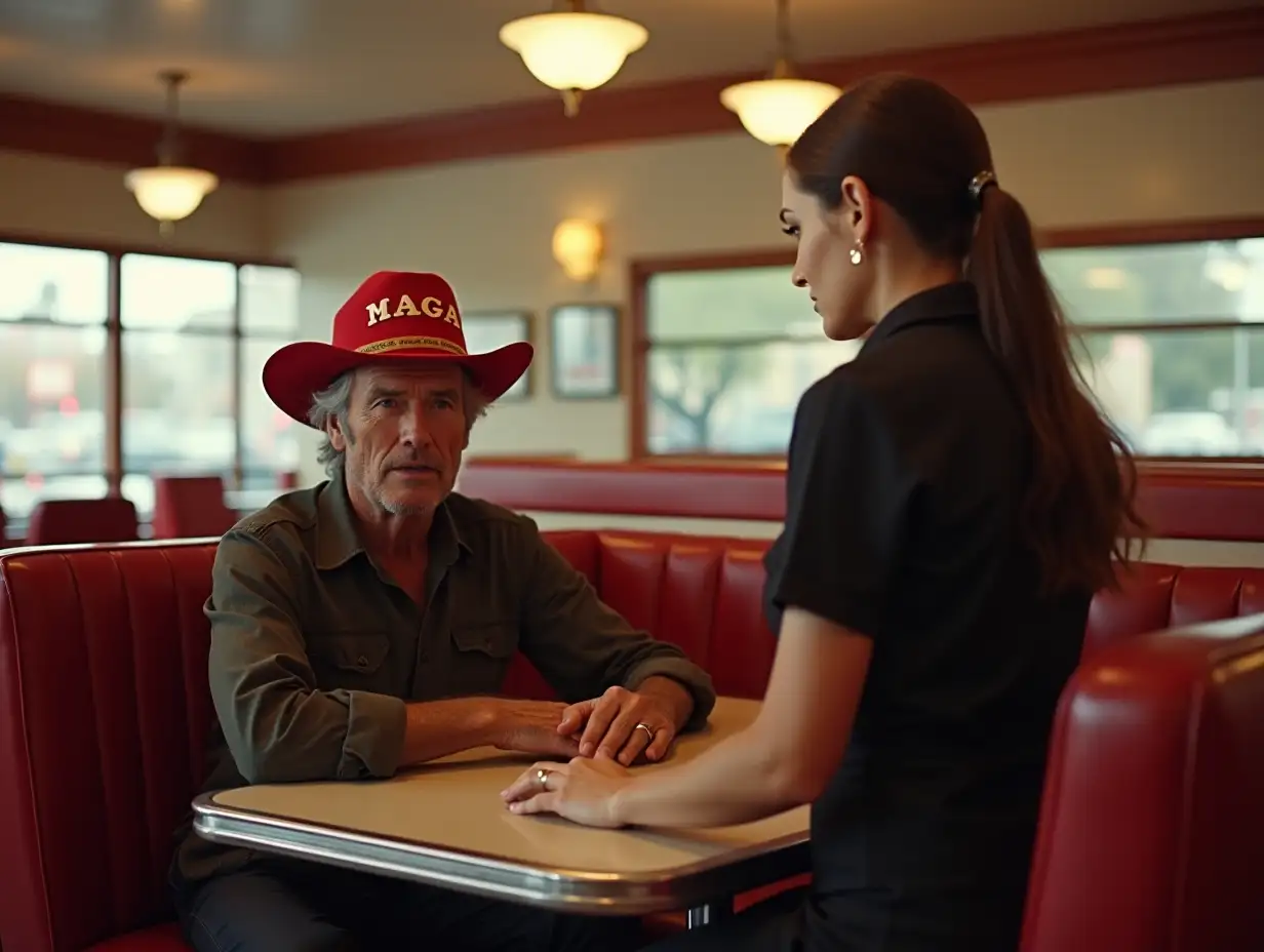 hollywood actor Clint Eastwood wearing a red 'MAGA' hat, sitting in a diner booth in, a waitress standing in front of him.