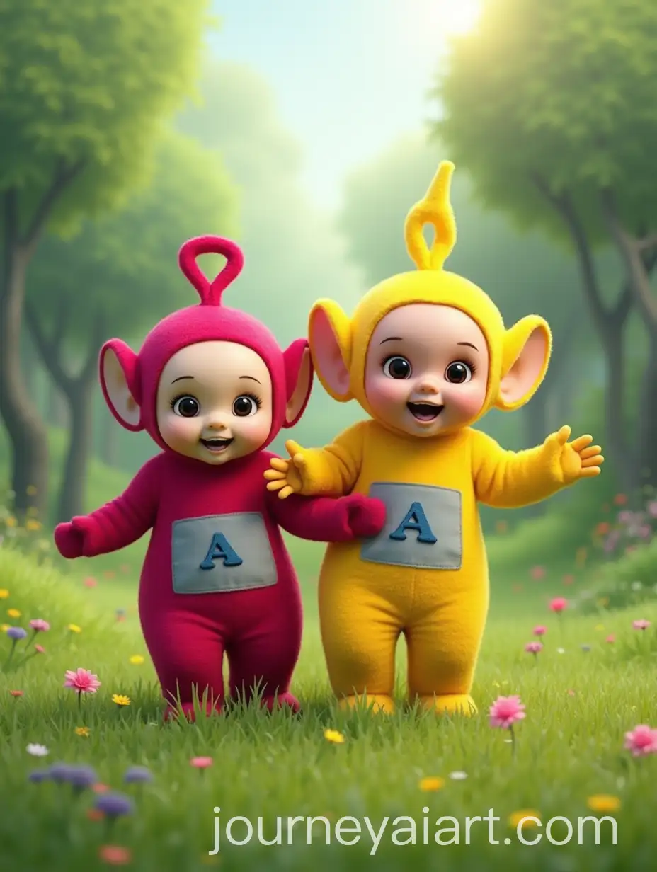 Colorful-Teletubbies-Playing-in-a-Lush-Green-Landscape-with-Alphabet-A-TShirts