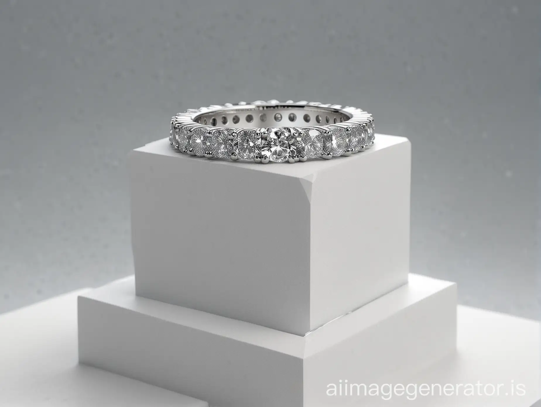generate Diamond Eternity Bands Collection on top of square Podium one big Block. And Camera Angle is to be front.