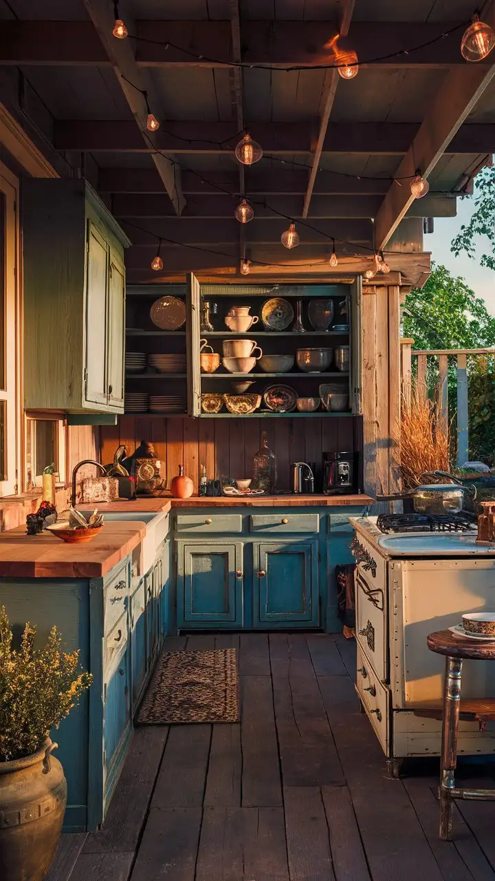 DIY-Outdoor-Kitchen-with-Repurposed-Vintage-Furniture-in-Bohemian-Style