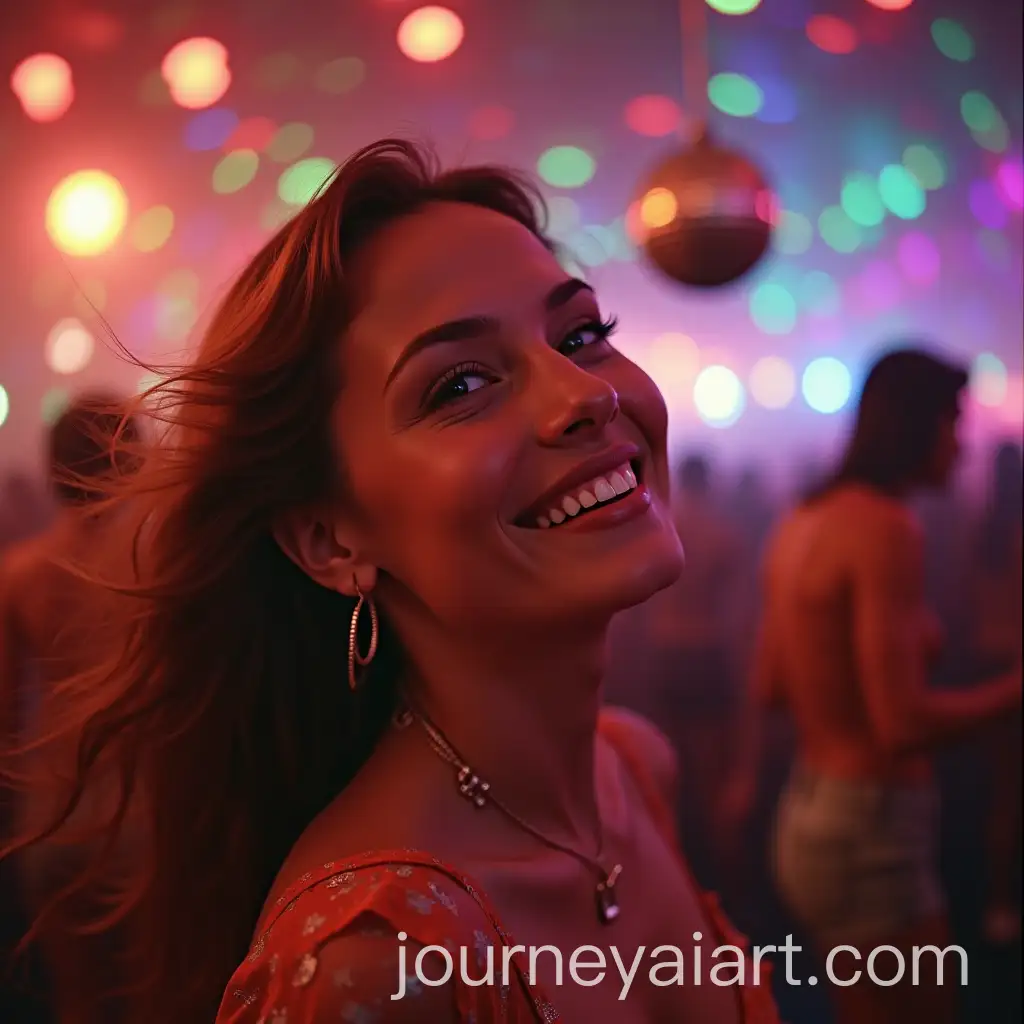 1970s-Nostalgic-Disco-Scene-with-Joyful-Girl-and-Revolving-Lights