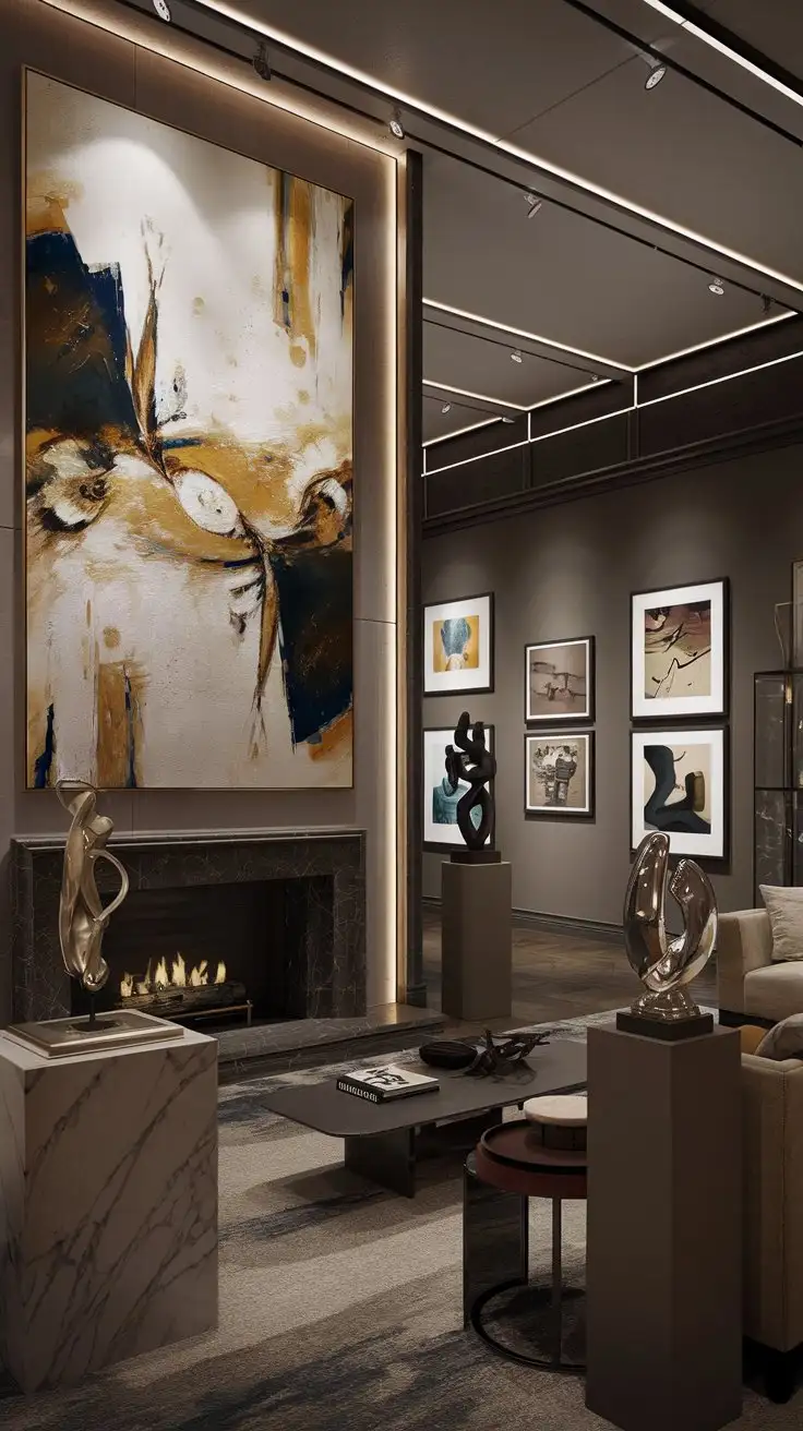 A wide shot of a luxurious living room with a focus on art. A large, abstract painting hangs above the fireplace, serving as a focal point. Include modern sculptures on pedestals and side tables. A gallery wall with framed art is visible in the background. The style is photorealistic, art gallery, with museum-style lighting highlighting the artwork. Curated art, sophisticated, art focal point.