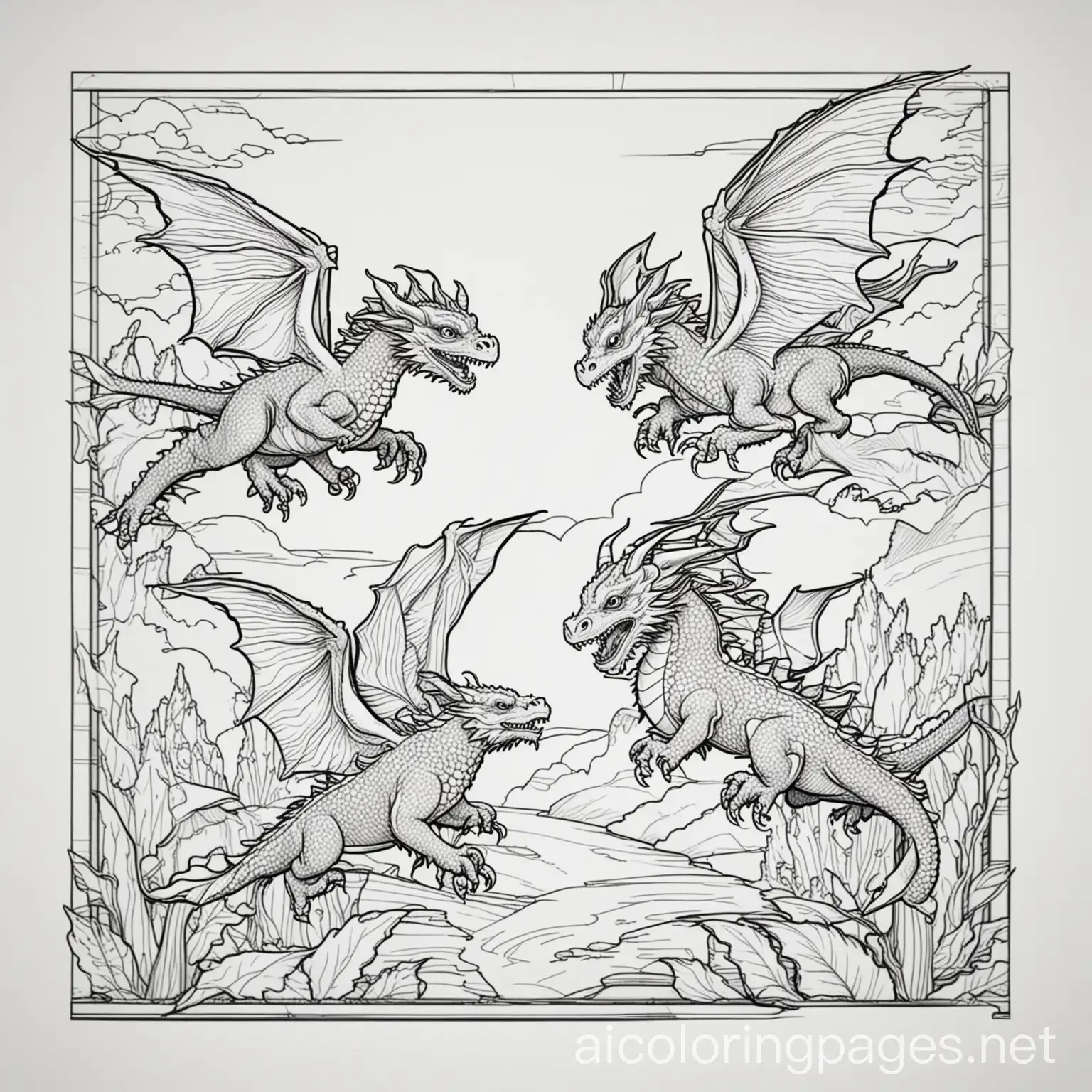 Coloring book image box 3 flying dragons, Coloring Page, black and white, line art, white background, Simplicity, Ample White Space. The background of the coloring page is plain white to make it easy for young children to color within the lines. The outlines of all the subjects are easy to distinguish, making it simple for kids to color without too much difficulty