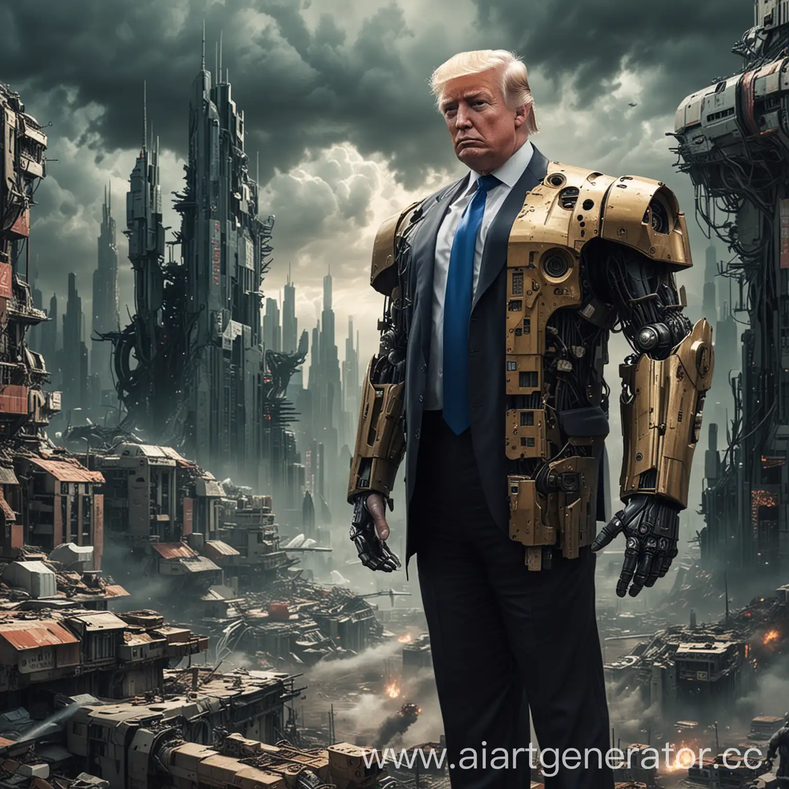 Futuristic-Trump-with-Robot-Arm-in-a-HighTech-City-Fighting-Illegal-Immigration